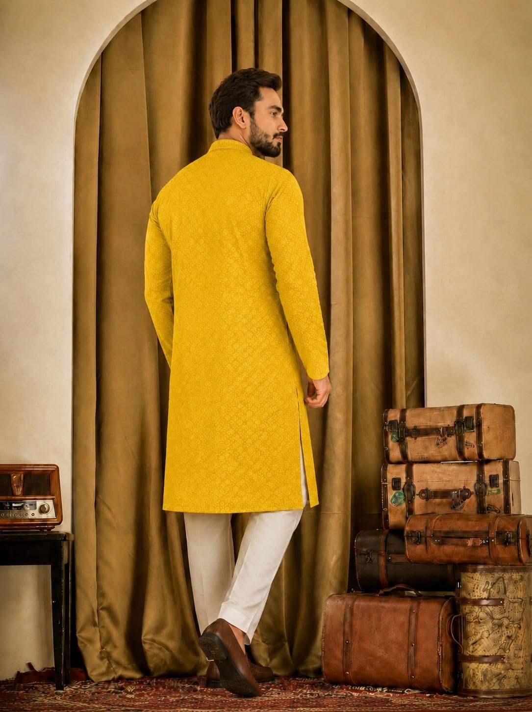 ORIFAB Men’s Yellow Lakhnawi Chikankari Kurta Cotton Blend Embroidered Ethnic Wear for Men Mandarin Collar Full Sleeve Knee Length Straight Fit Festive Wedding Party Traditional Kurta (Size - XL)