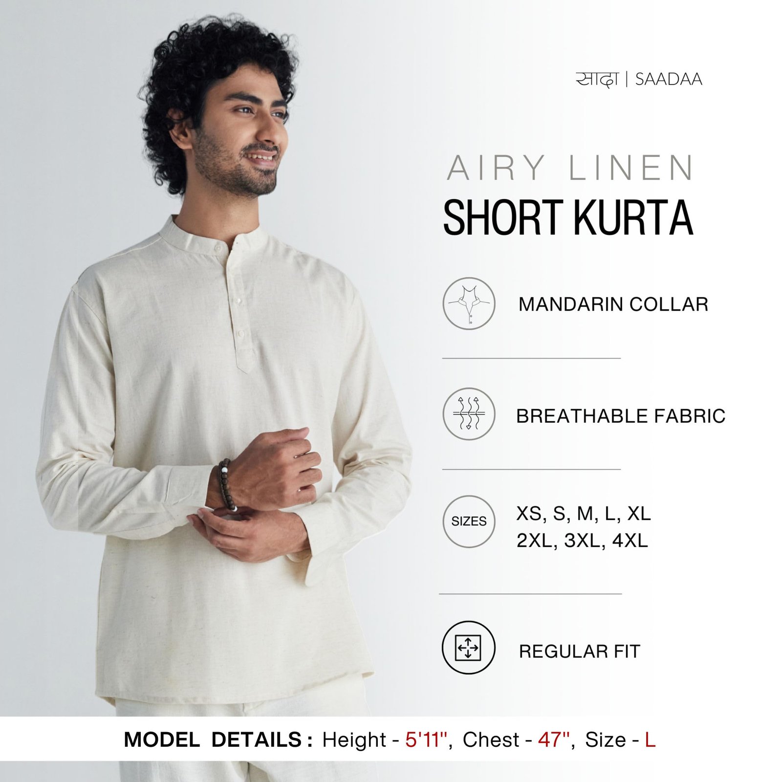 SAADAA Men Linen Cotton Blend Regular Fit Kurta, Mandarin Collar Solid Color for Casual Festive & Ethnic Wear (Ecru XS)
