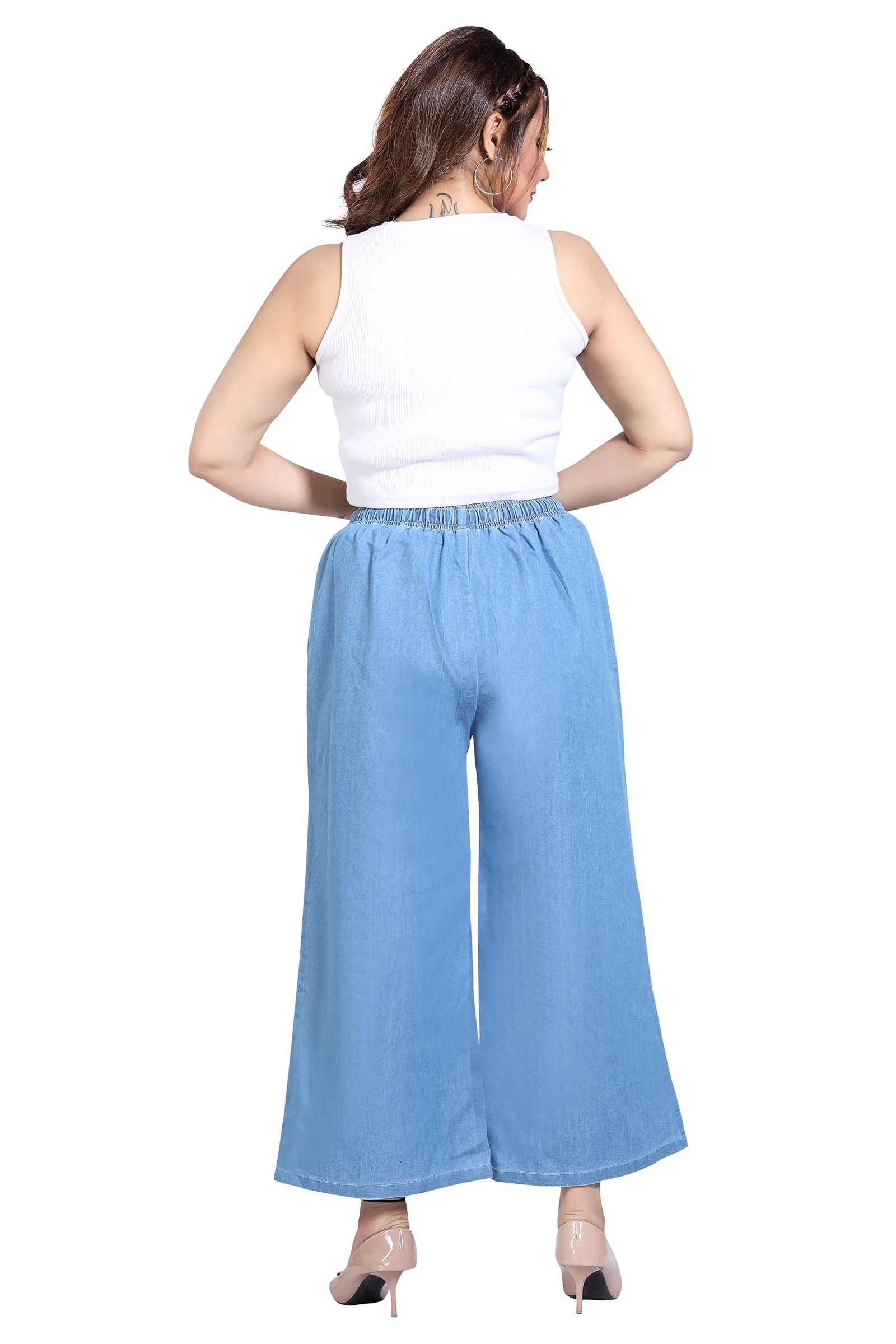 BENKILS Women's Denim Cotton Blend Mid RIS Regular Fit Palazzo Pants - Available Size - M to 6XL (5XL, Light Blue)