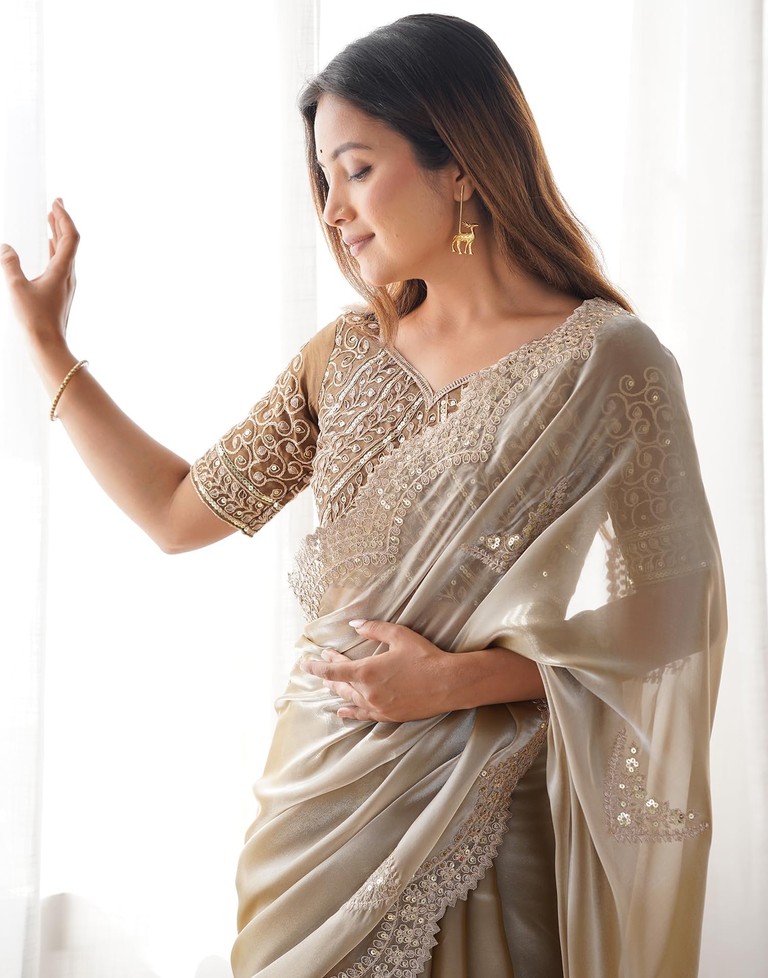 SIRIL Women's Organza Sequence Embroidery Scollped Border Saree With Unstitched Blouse Piece (4218S6634_Beige)