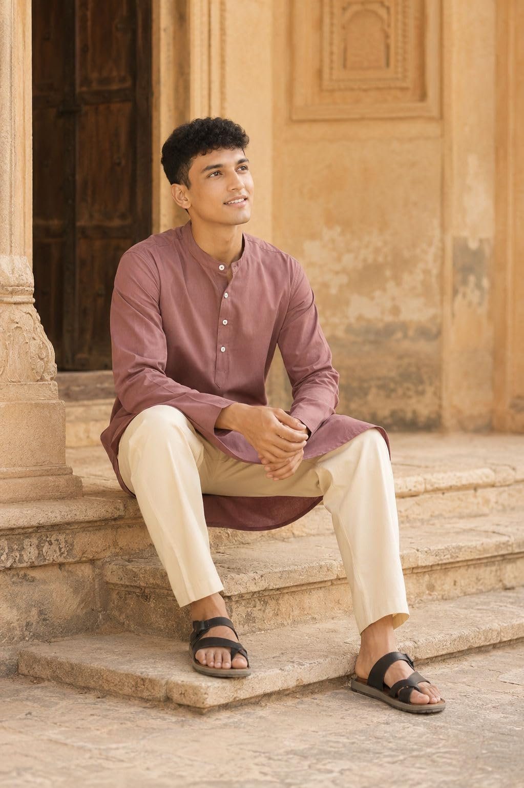 SAADAA Men's Long Kurta – Linen Cotton Blend, Airy Fabric, Regular Fit, Mandarin Collar, Solid Color – Casual, Festive & Ethnic Wear