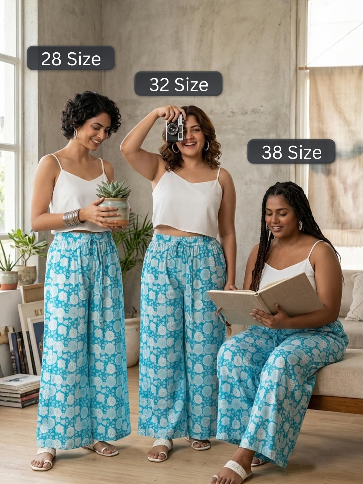 GRECIILOOKS Boho Printed Wide Leg Palazzo Pants for Women, Flowing High Waist Rayon Trousers for Beach, Vacation, Lounge, and Summer Style Turquoise