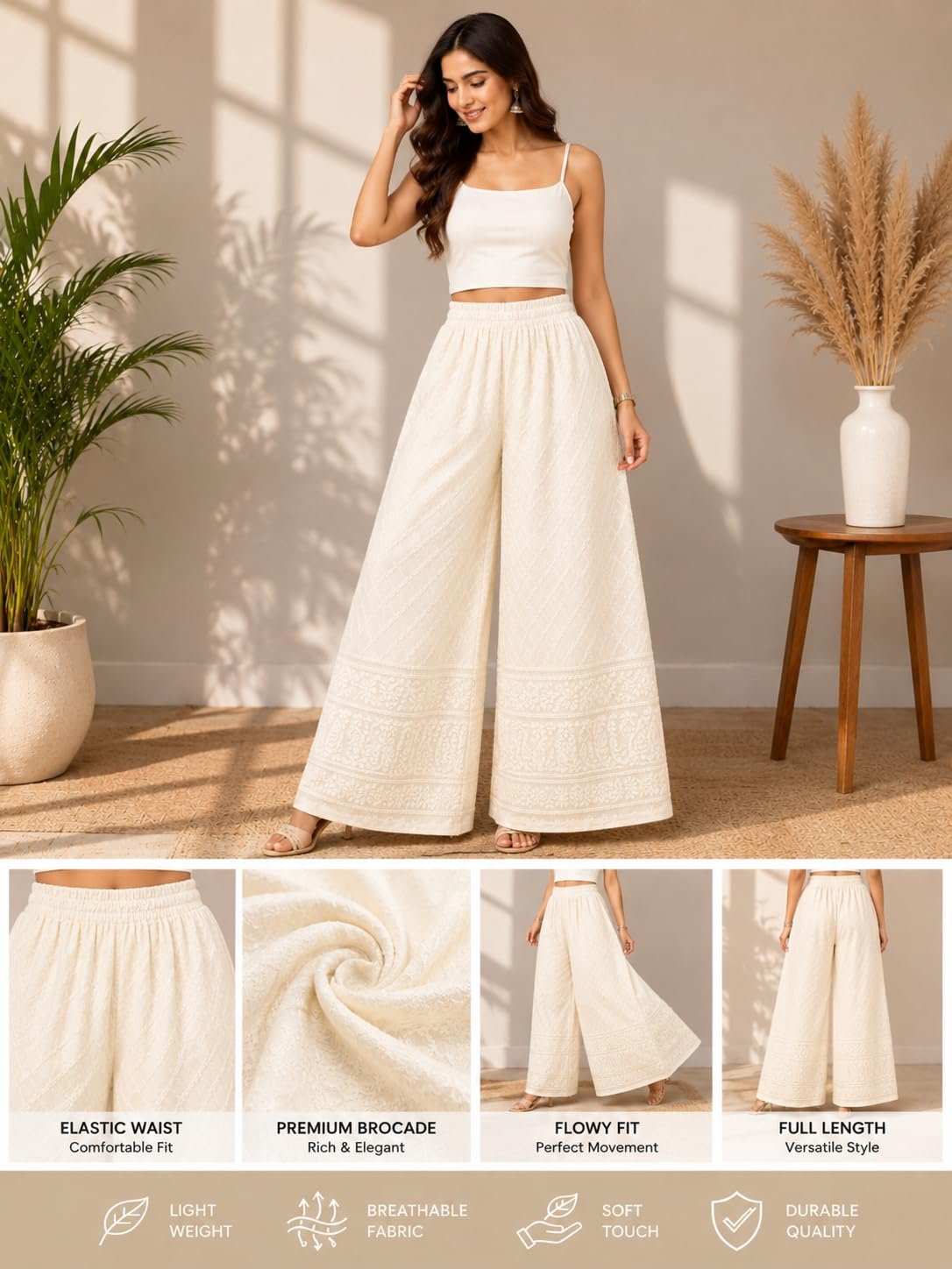 fragIn Women's Premium Chicken Palazzo Pants | Wide Leg Flared Fit | Elastic Waist | Full Length Ethnic Bottom Wear | Free Size Cream