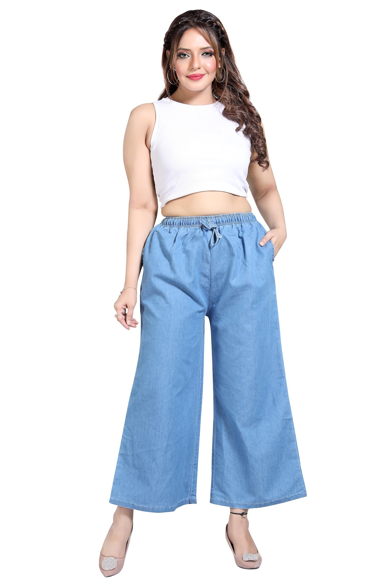 BENKILS Women's Denim Cotton Blend Mid RIS Regular Fit Palazzo Pants - Available Size - M to 6XL (5XL, Light Blue)