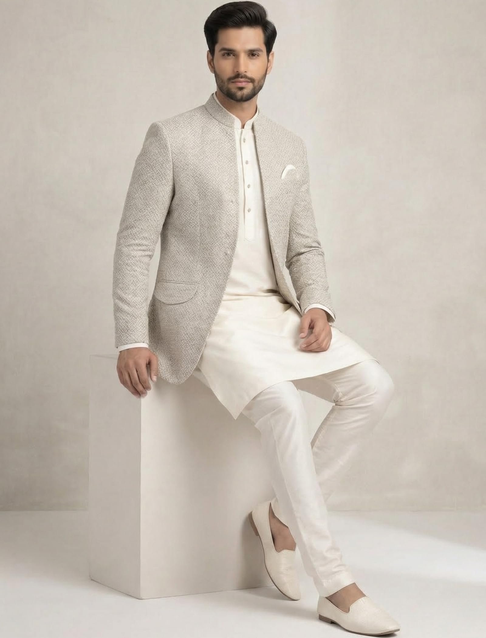 Amzira Men’s Jacquard Koti Kurta Set | Mandarin Collar | Full Sleeves Ethnic Wear | Festive & Wedding Traditional Outfit for Men (Grey_S)