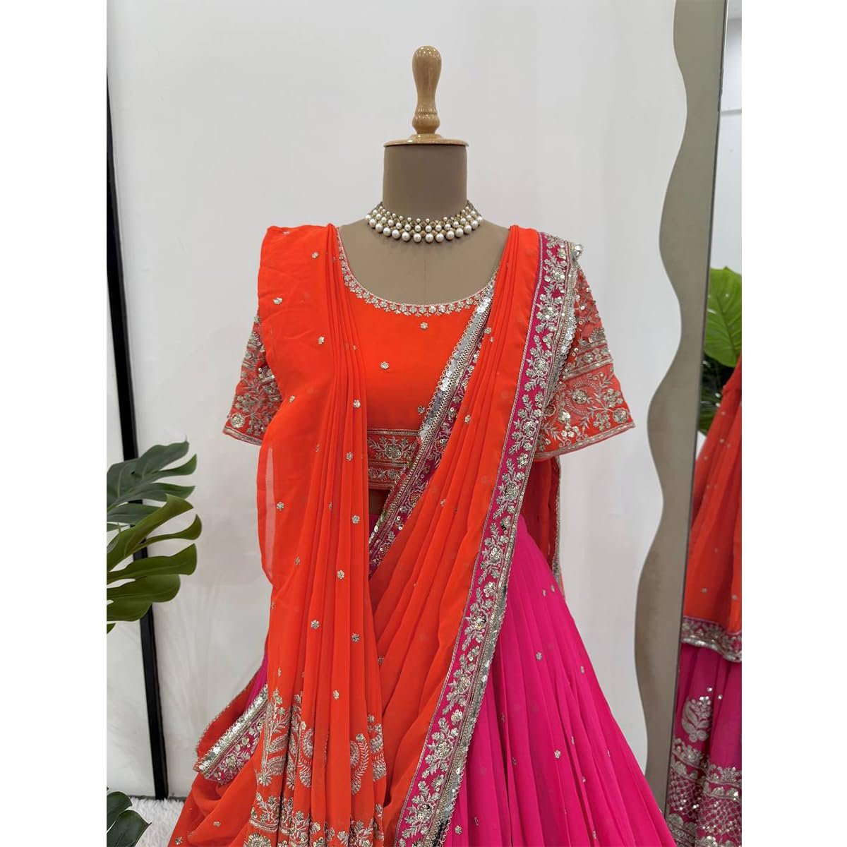 IYALAFAB WOMEN'S Georgette Trending Designer Semi-Stitched Lehenga Choli Set for Women | Dupatta & Unstitched Blouse | Wedding Outfit (SF201546 Metallic free-size)