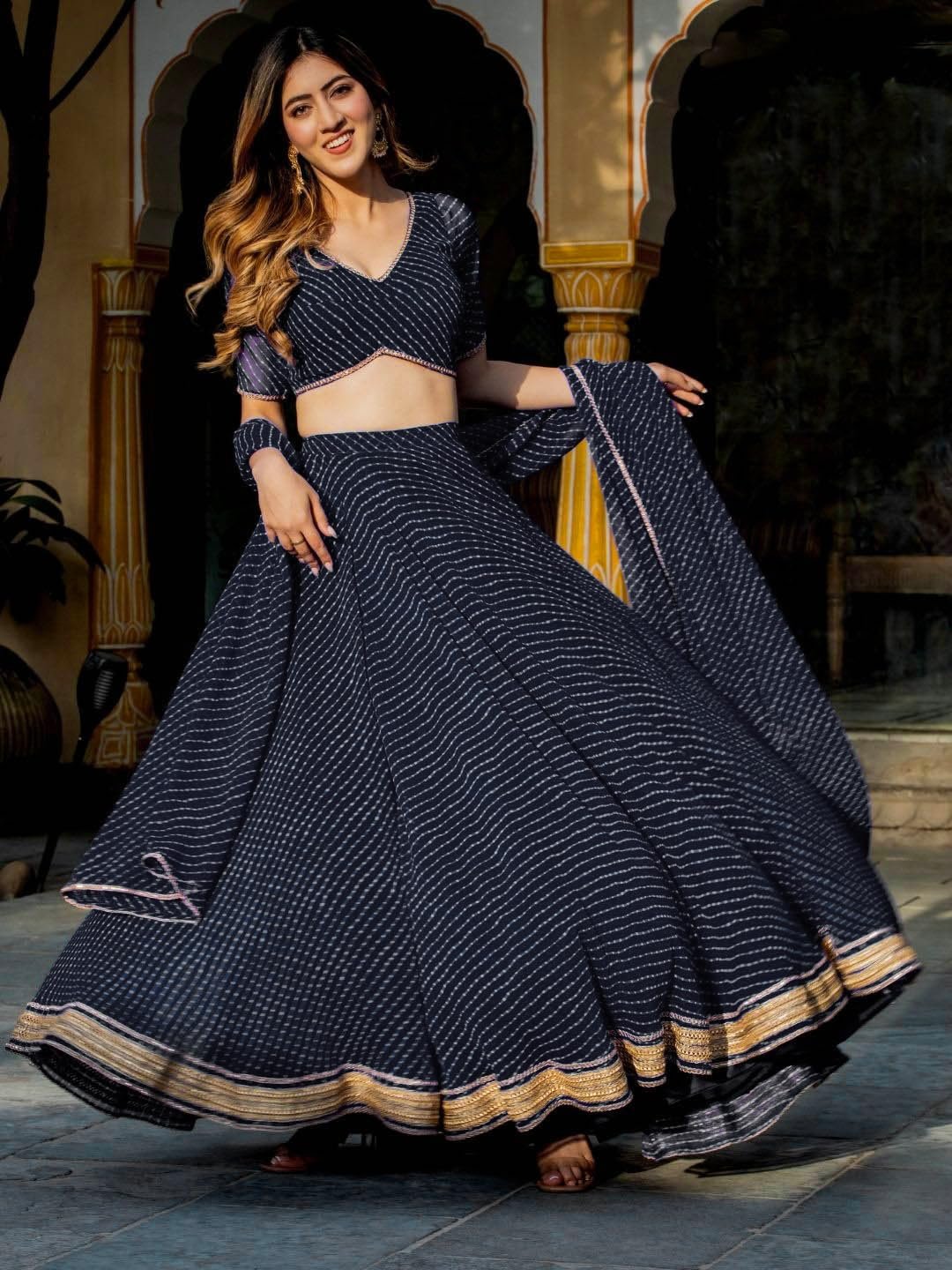 Zeel Clothing Women's Leheriya Print Pure Georgette New Semi-Stitched Lehenga Choli With Dupatta (5049-Stylish-Wedding-Designer-New; Free Size) (Black)