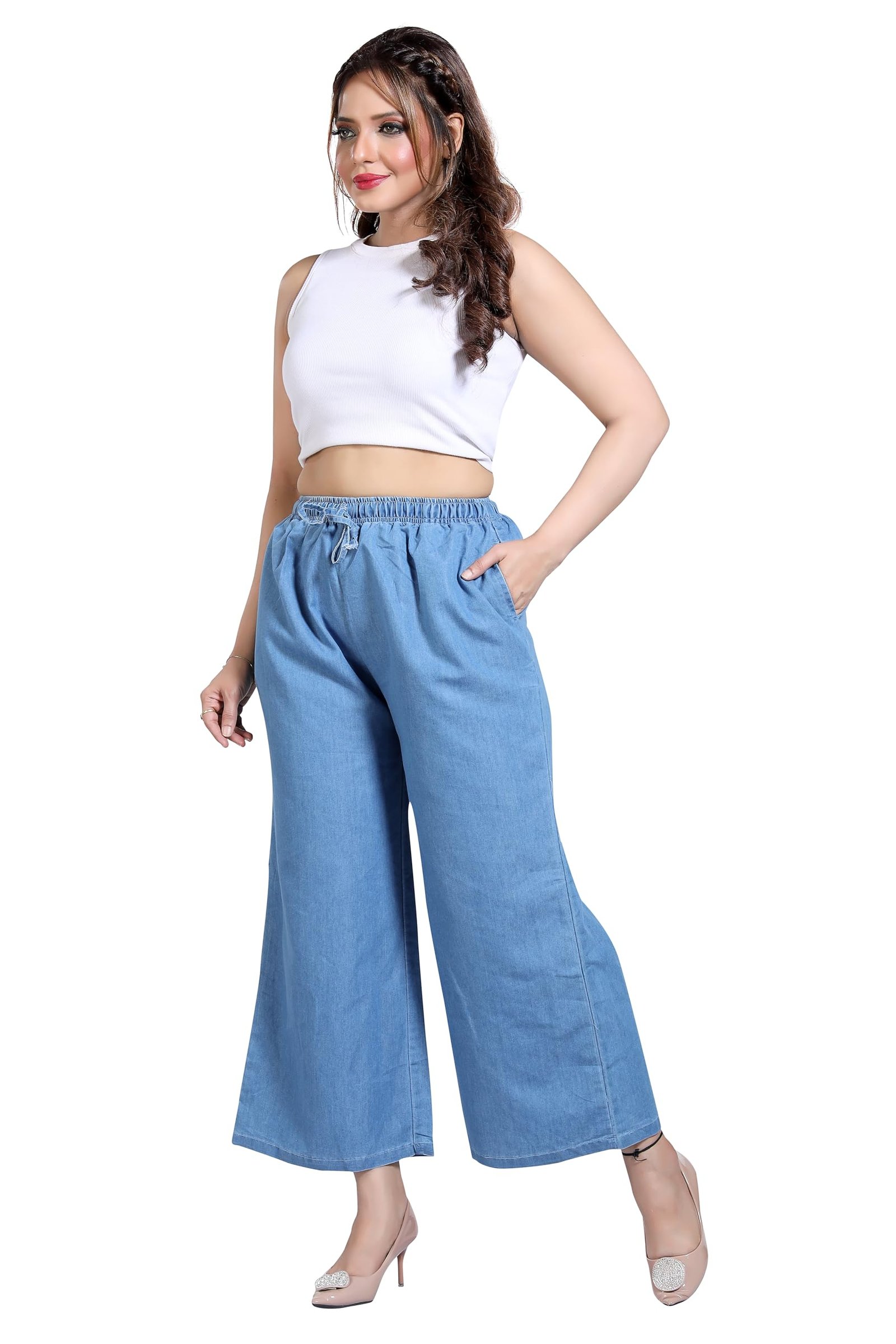 BENKILS Women's Denim Cotton Blend Mid RIS Regular Fit Palazzo Pants - Available Size - M to 6XL (5XL, Light Blue)