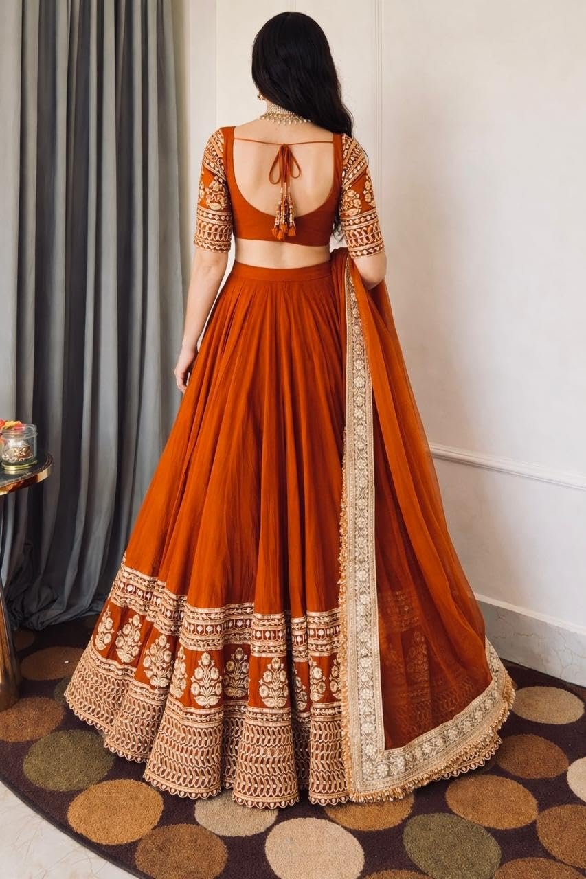 Women's Rust Orange Designer Lehenga Choli with Dupatta | Georgette Embroidered Sequence Work Semi Stitched Wedding Lehenga for Women | Party Wear Festive Ethnic Outfit