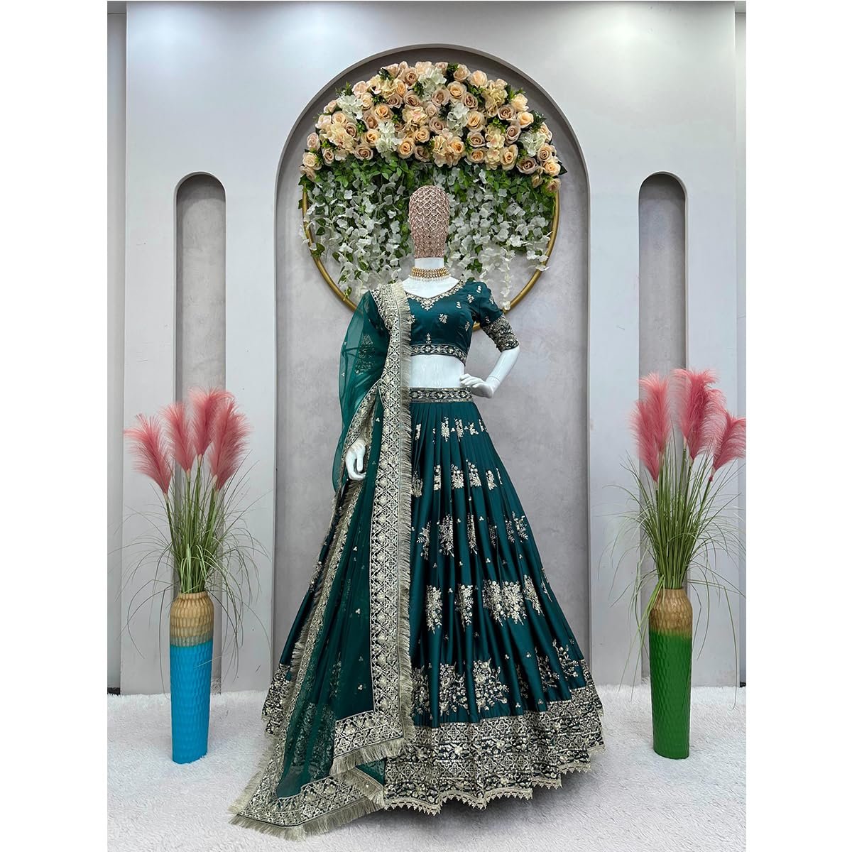 IYALAFAB WOMEN'S Crepe Trending Designer Semi-Stitched Lehenga Choli Set for Women | Dupatta & Unstitched Blouse | Wedding Outfit (SF201535 Dark Green free-size)