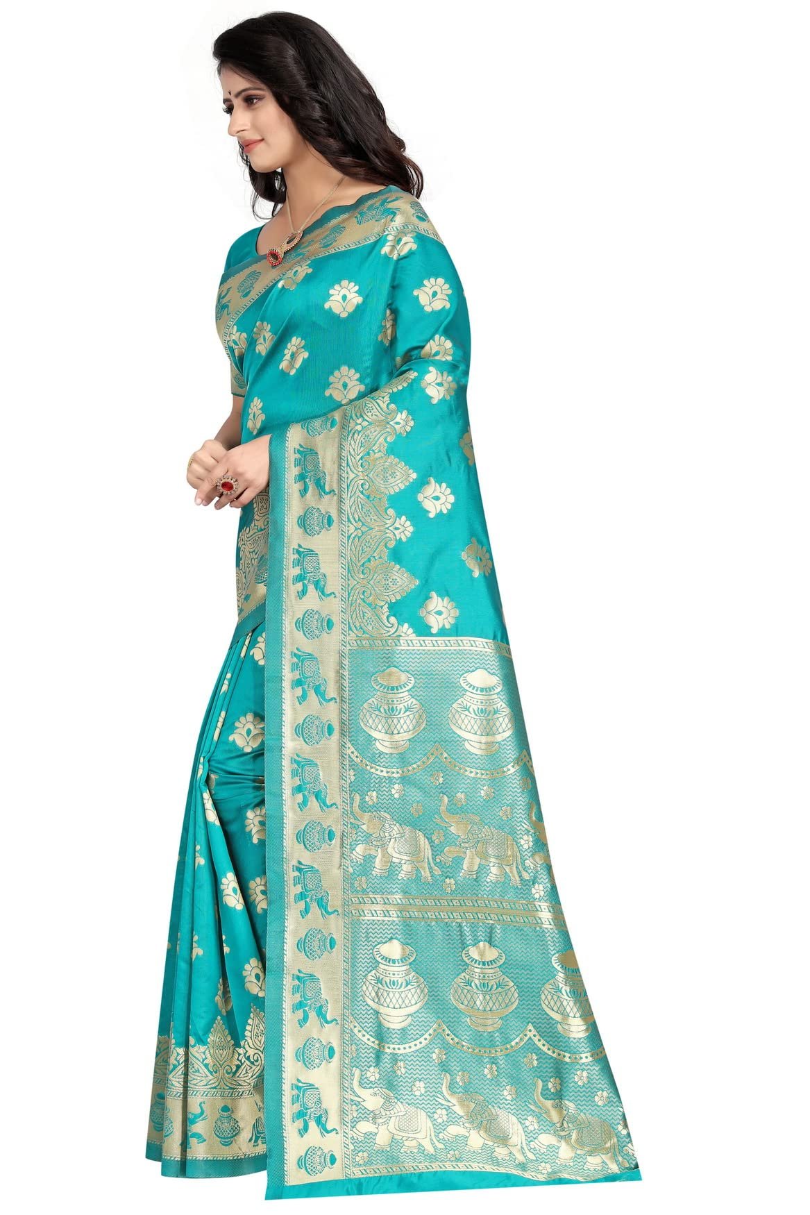 C J Enterprise Women's Pure Kanjivaram Soft Silk Saree Banarasi Design Wear Pattu Sarees Latest Party Cotton Sari collections With Blouse Piece for Wedding sadi new ladies 2025 (Pari9016-51) (Firozi)