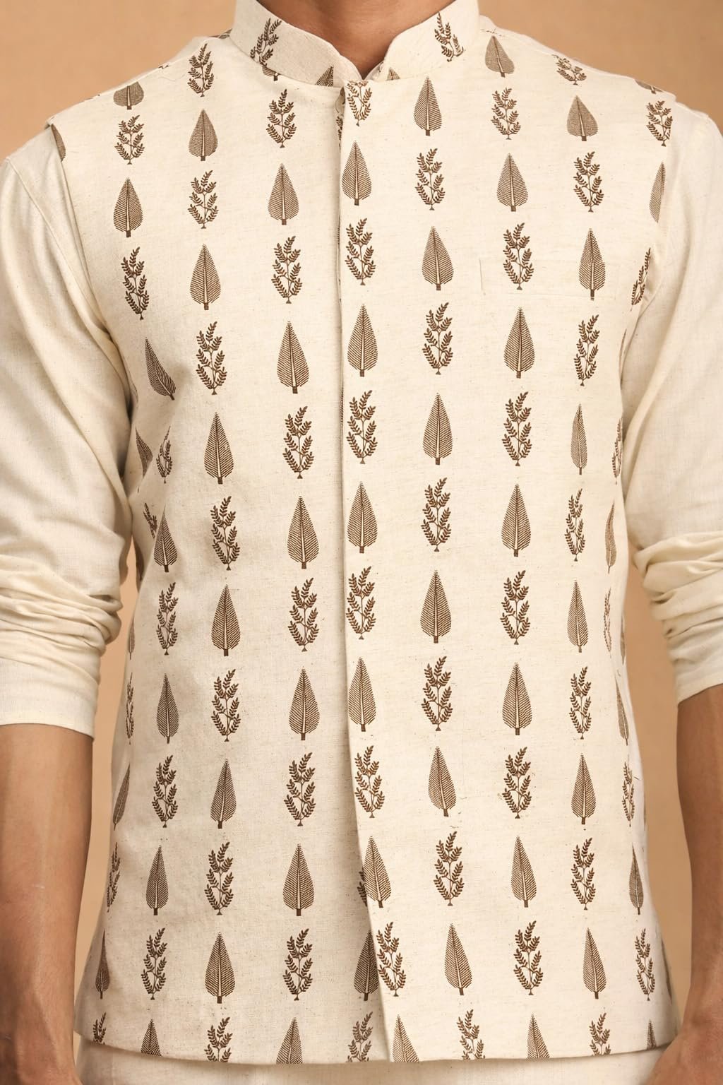 VASTRAMAY Shvaas Leaf Pattern Cotton Printed Nehru Jacket with Kurta and Pyjama Set Elegant Ethnic Wear for Men, 40