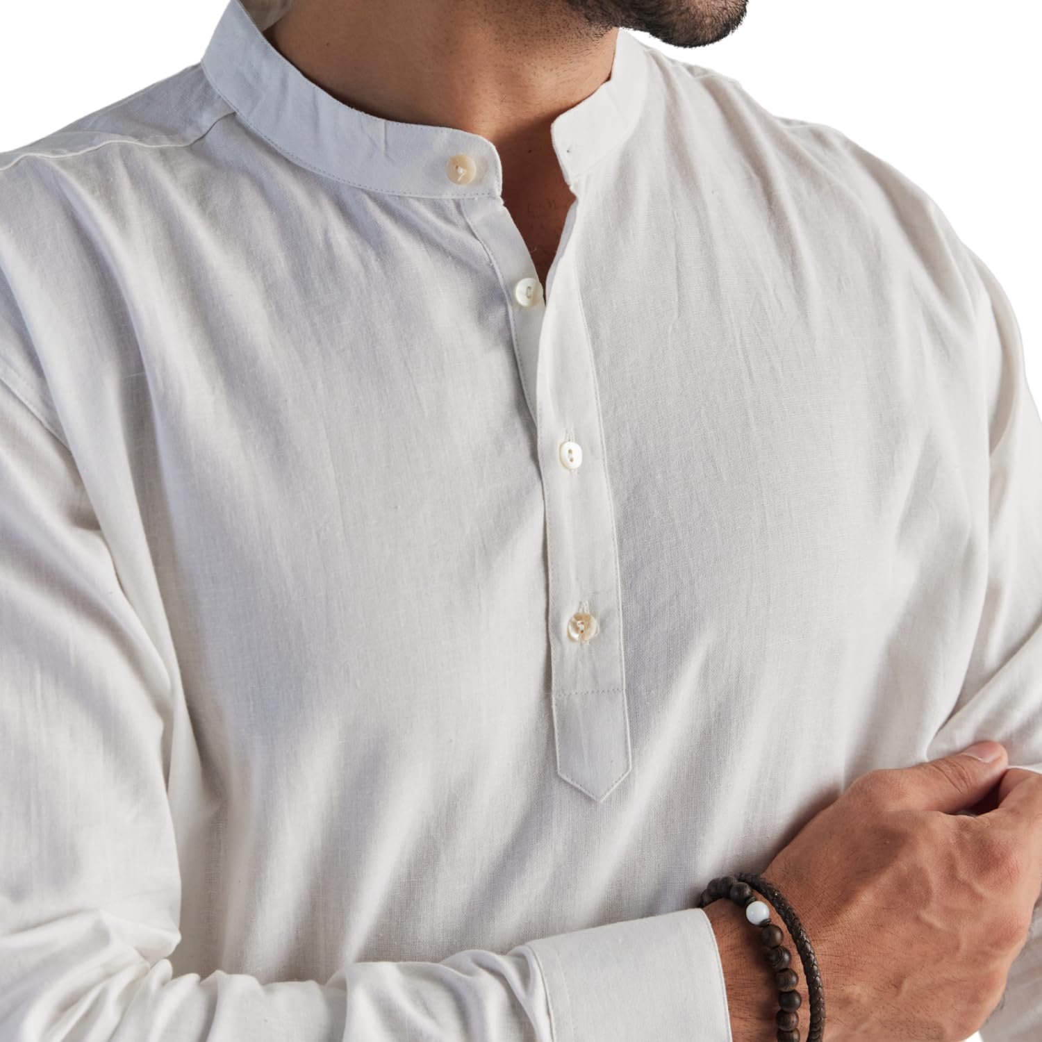SAADAA Men Linen Cotton Blend Regular Fit Kurta, Mandarin Collar Solid Color for Casual Festive & Ethnic Wear (Ecru XS)