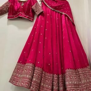 QUEDDY'S Chinon Embroidered Lehenga Choli for Women, Semi-Stitched, Bridal Wear with Dupatta (RANI)