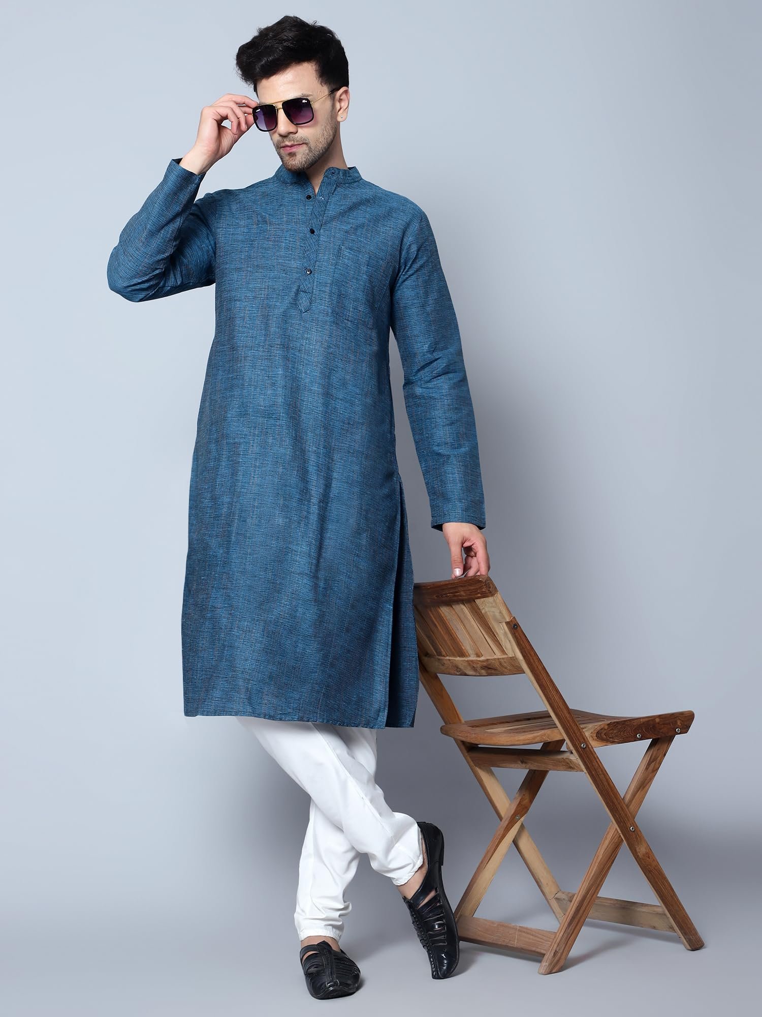 LATEST CHIKAN Men's Cotton Regular Fit Textured Long Kurta Full Sleeves - Casual Ethnic Wear -LK-DBL-F-42 Firozi