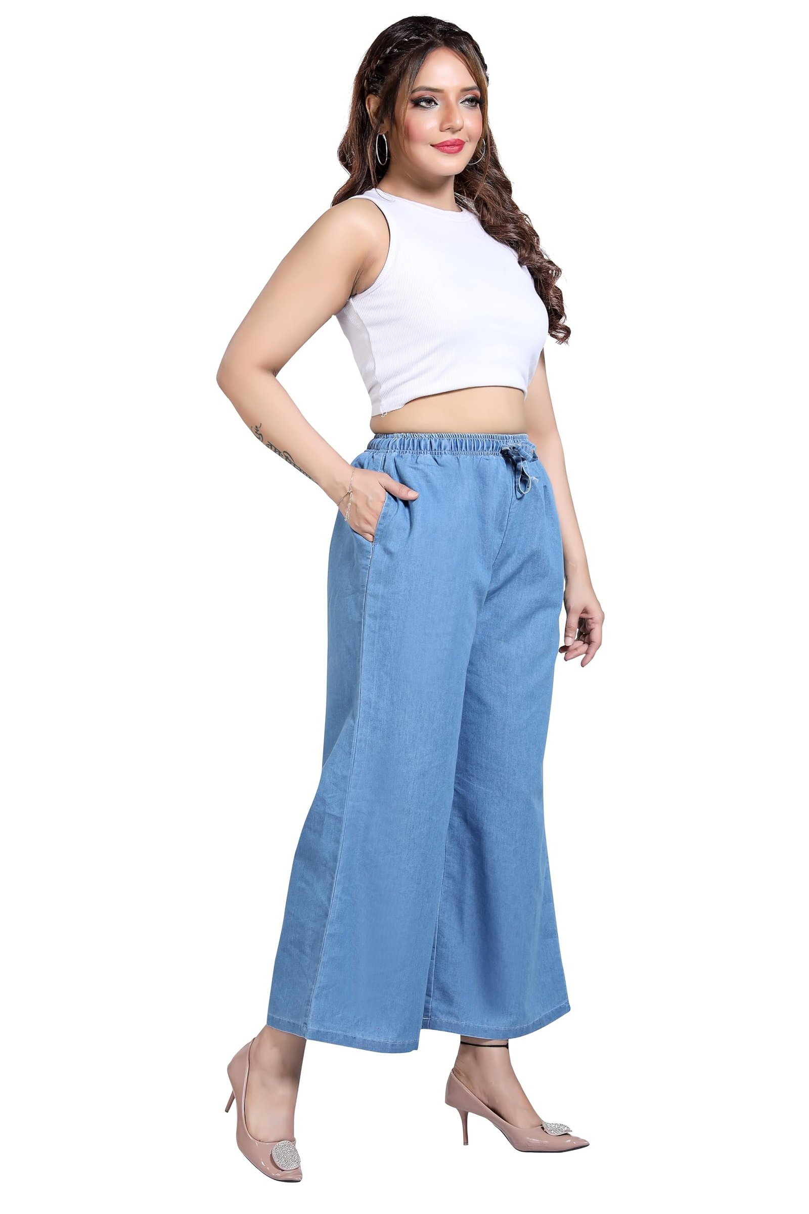 BENKILS Women's Denim Cotton Blend Mid RIS Regular Fit Palazzo Pants - Available Size - M to 6XL (5XL, Light Blue)