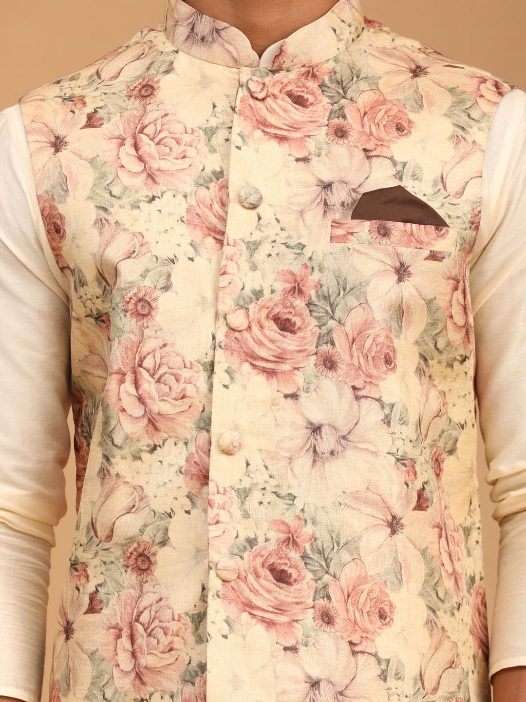 VASTRAMAY Classic Flower Print Silk Blend Printed Nehru Jacket with Kurta and Pant Style Pyjama – Elegant Ethnic Wear for Men