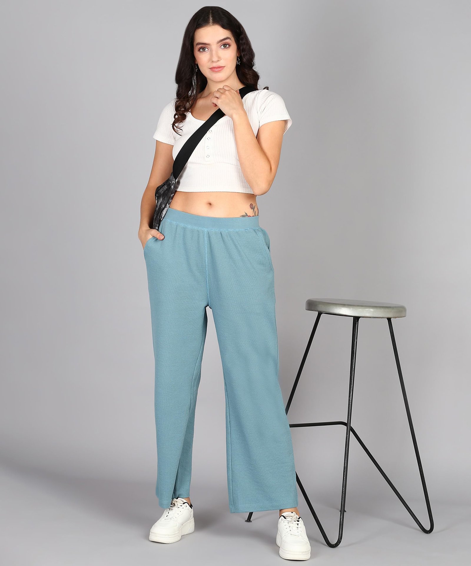 Alan Jones Clothing Women Mid Rise Ultra Stretch Waffle Straight Pants | Casual Comfort Fit (Green_M)