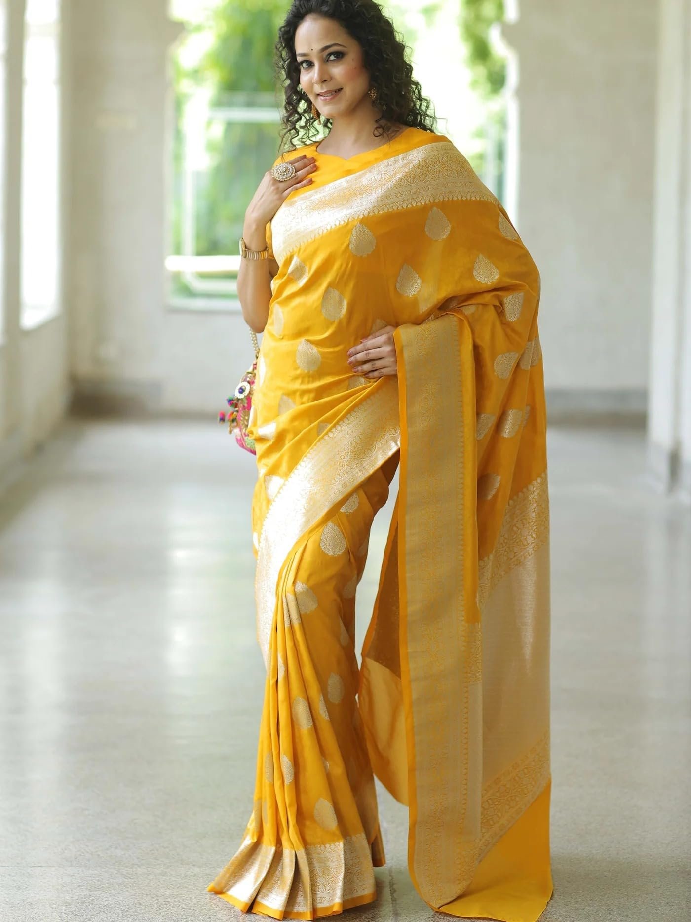Yashika Women’s Fancy Banarasi Kanjivaram Art Silk Yellow Saree with Unstitched Blouse Piece |Wedding Saree for Women