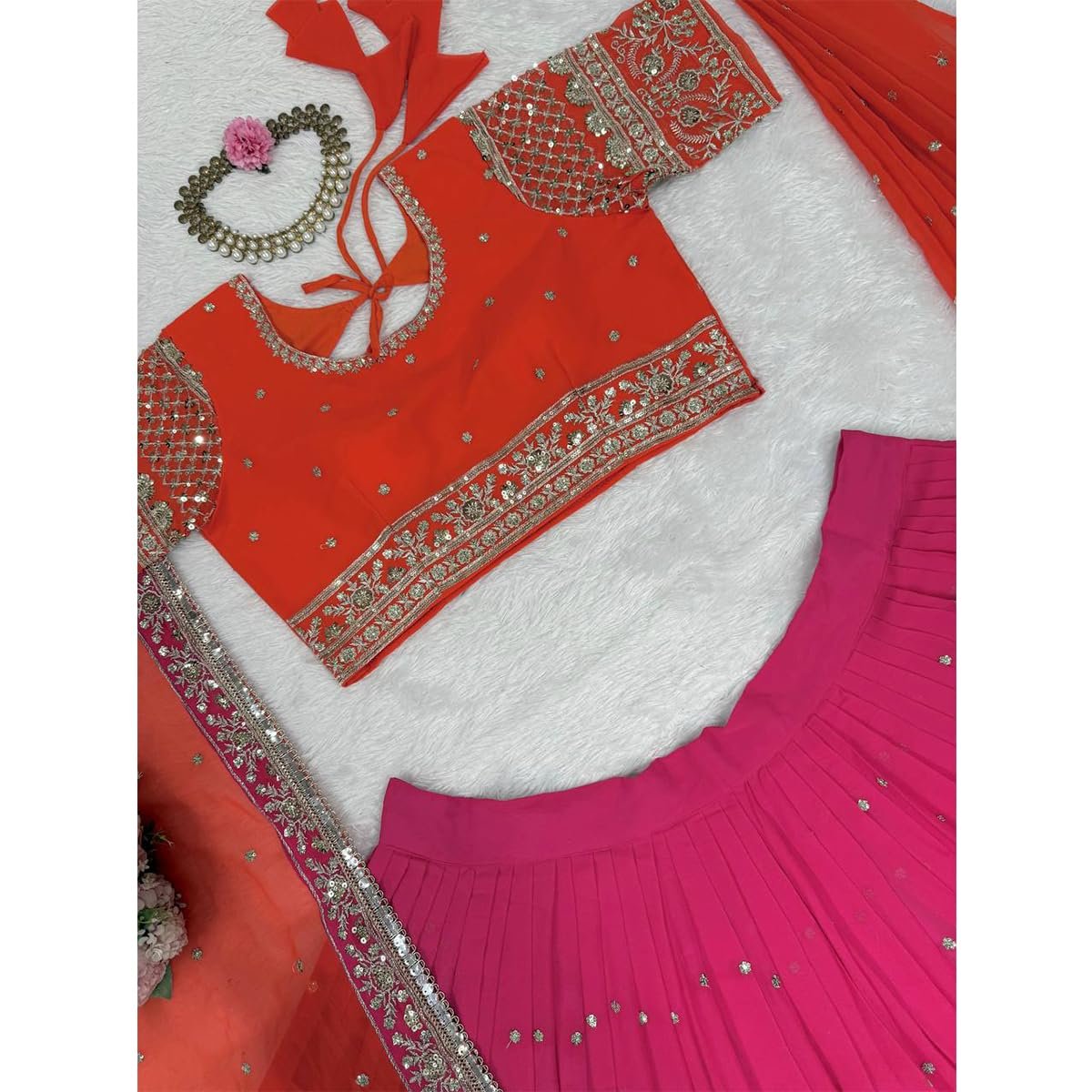 IYALAFAB WOMEN'S Georgette Trending Designer Semi-Stitched Lehenga Choli Set for Women | Dupatta & Unstitched Blouse | Wedding Outfit (SF201546 Metallic free-size)