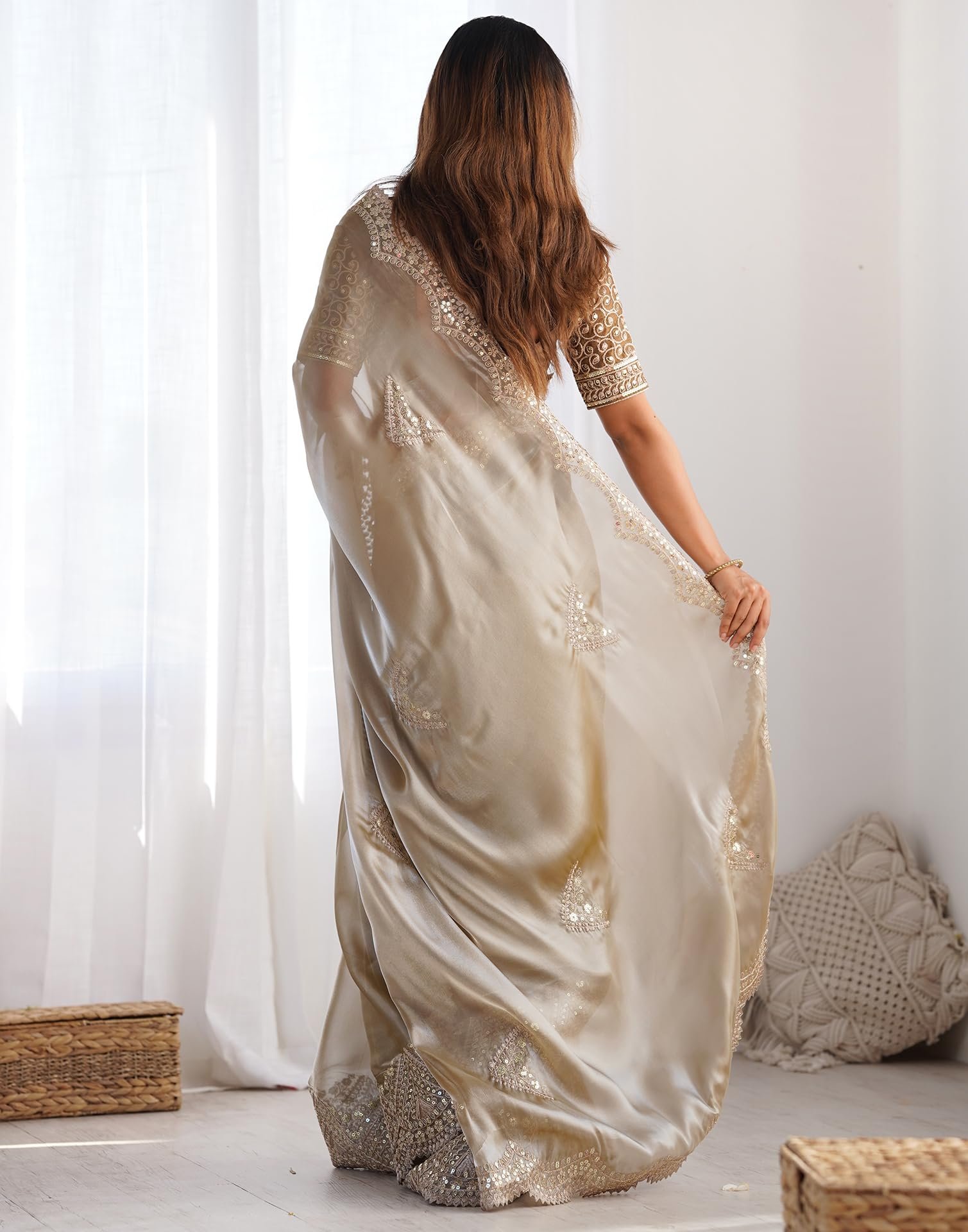 SIRIL Women's Organza Sequence Embroidery Scollped Border Saree With Unstitched Blouse Piece (4218S6634_Beige)