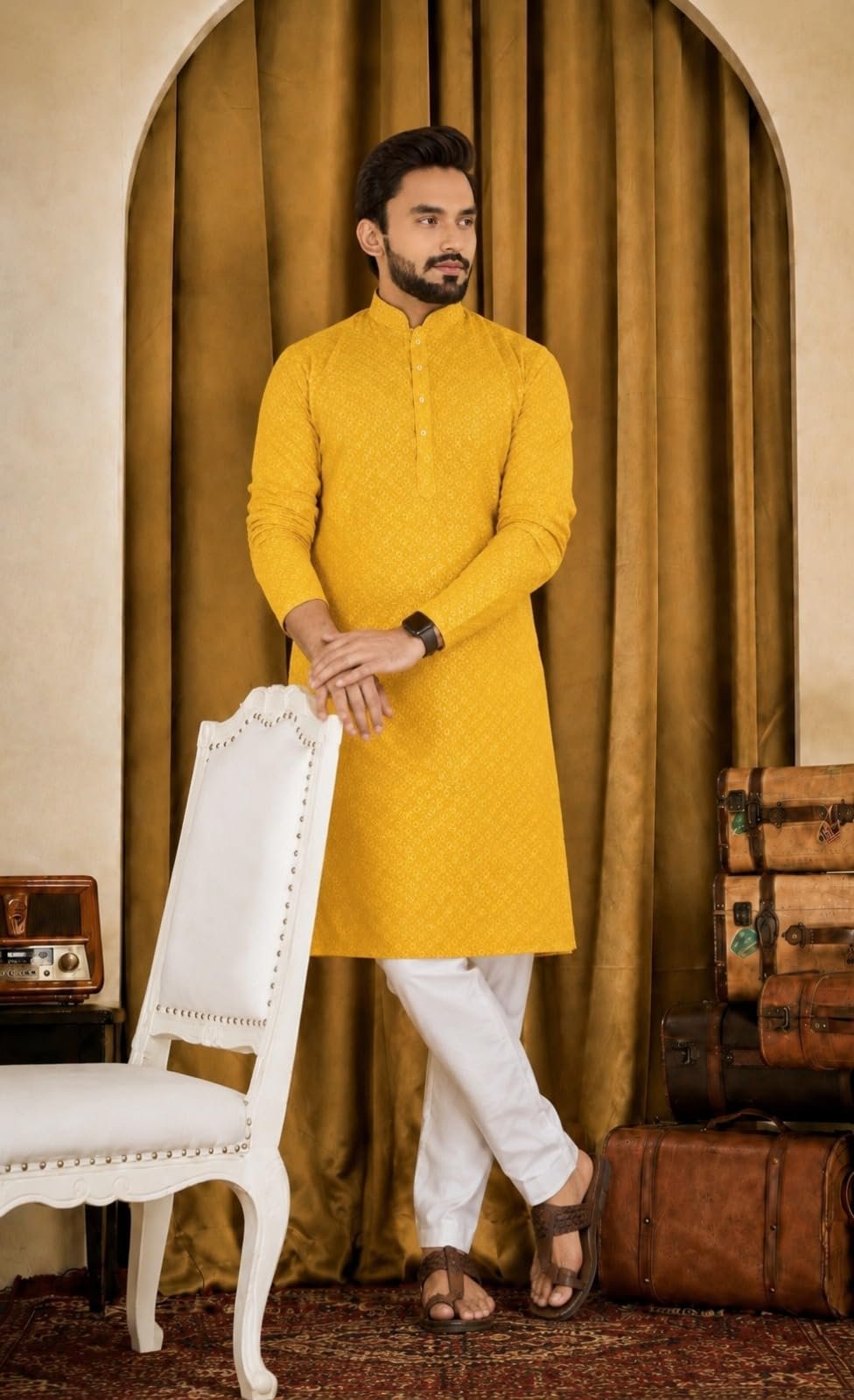 ORIFAB Men’s Yellow Lakhnawi Chikankari Kurta Cotton Blend Embroidered Ethnic Wear for Men Mandarin Collar Full Sleeve Knee Length Straight Fit Festive Wedding Party Traditional Kurta (Size - XL)