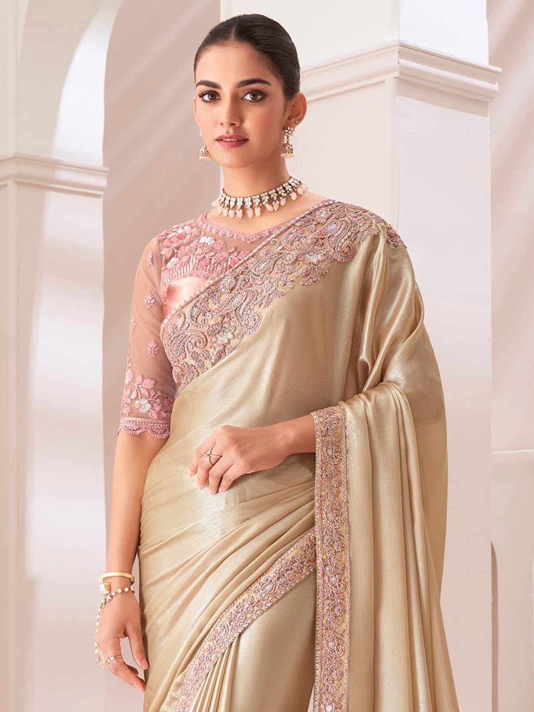 AKHILAM Women's Cream Pure Chiffon Embellished Saree With Unstitched Blouse (SNDLWOD1303_TFH)
