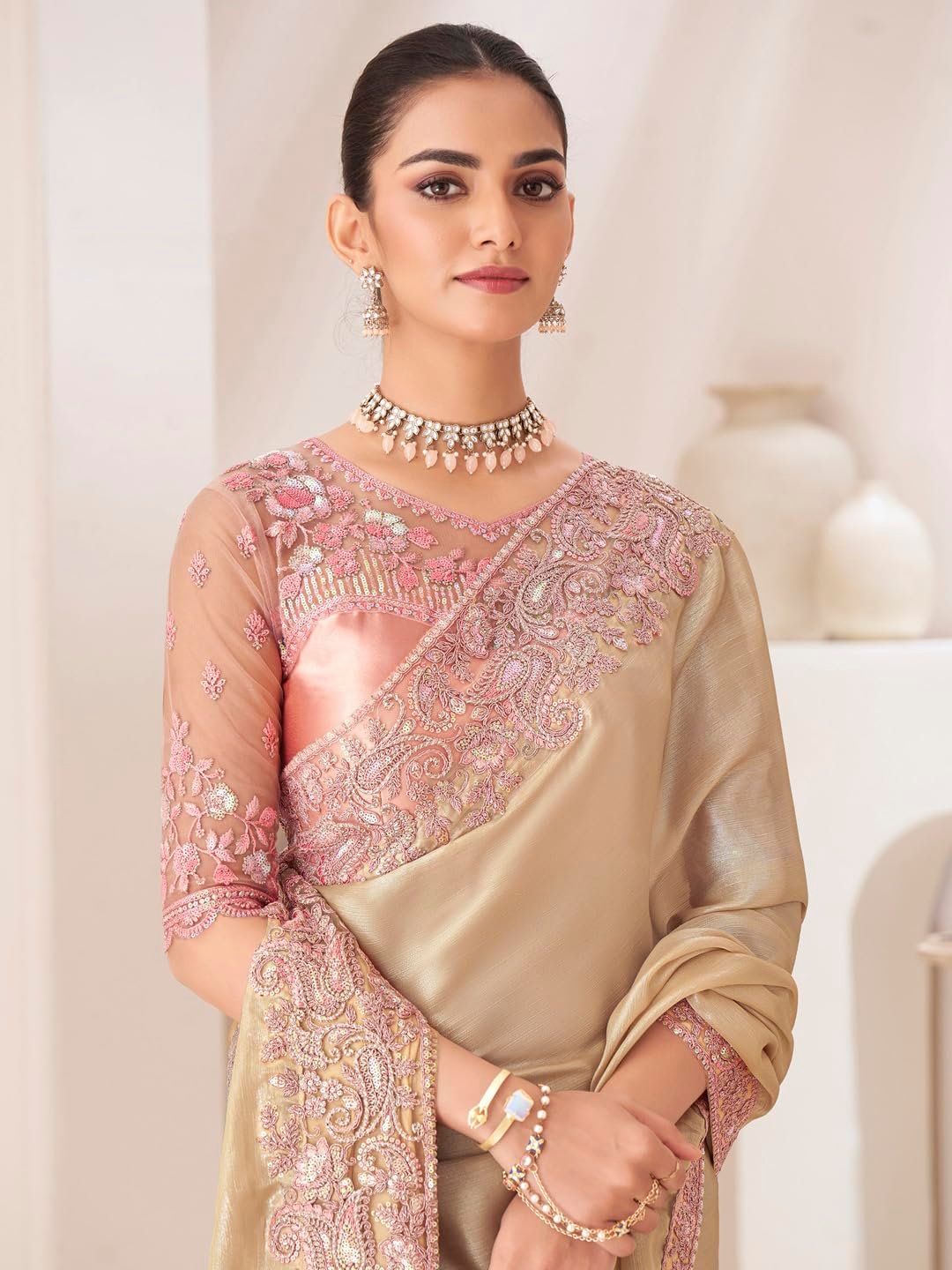 AKHILAM Women's Cream Pure Chiffon Embellished Saree With Unstitched Blouse (SNDLWOD1303_TFH)