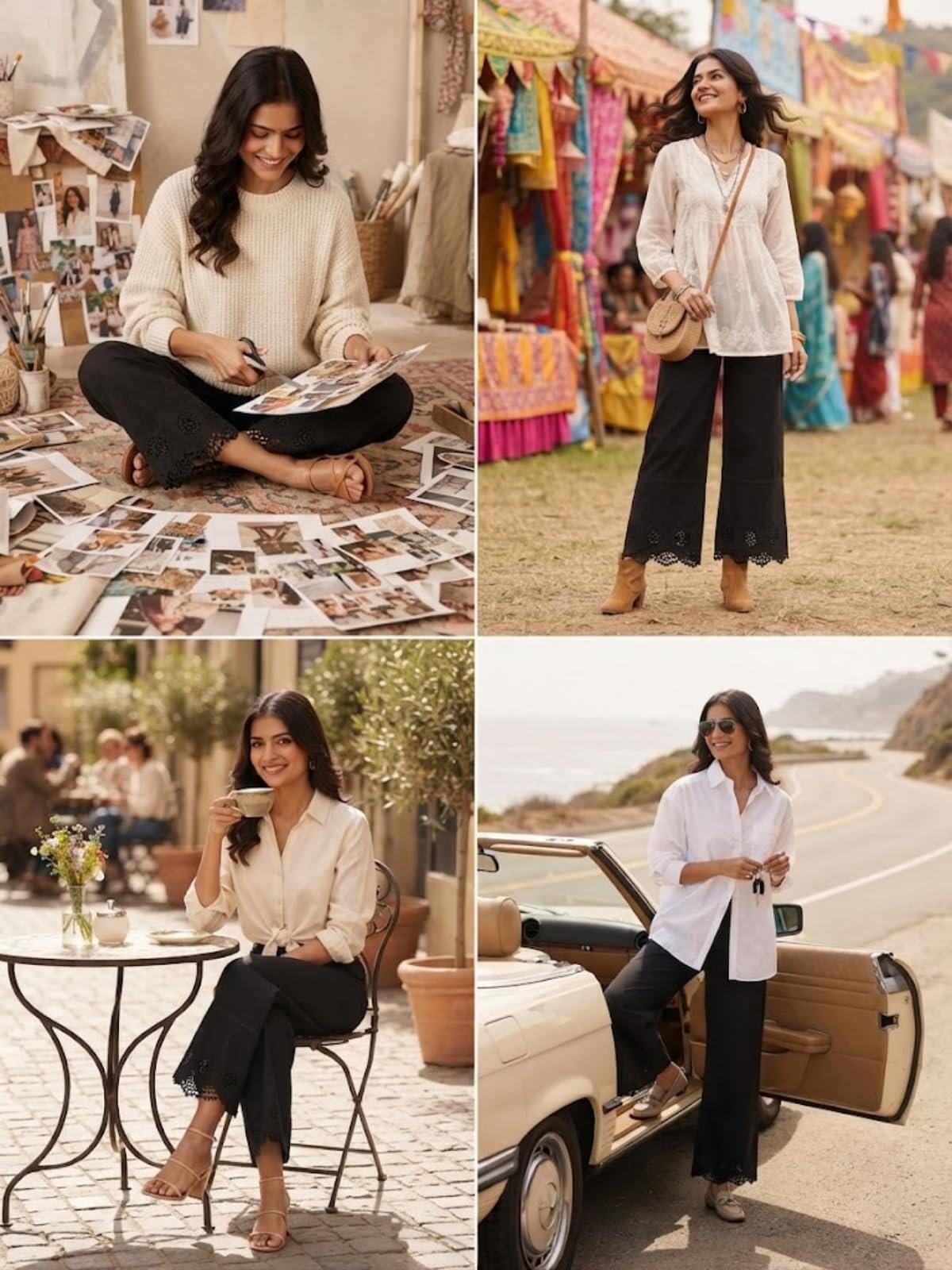 Leriya Fashion Trousers for Women | Cotton Ethnic Palazzo Pants with Lace Embroidery | Elastic Waist Wide Leg Casual Women Trousers | Comfortable Summer Woman Trouser Pants