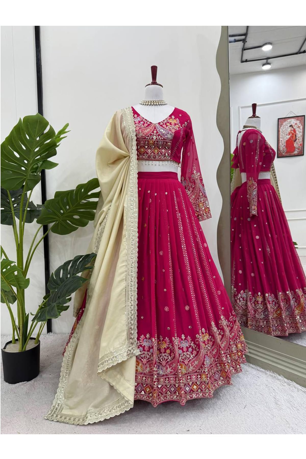 IYALAFAB WOMEN'S Georgette Trending Designer Semi-Stitched Lehenga Choli Set for Women | Dupatta & Unstitched Blouse | Wedding Outfit (SF201547 Beige free-size)