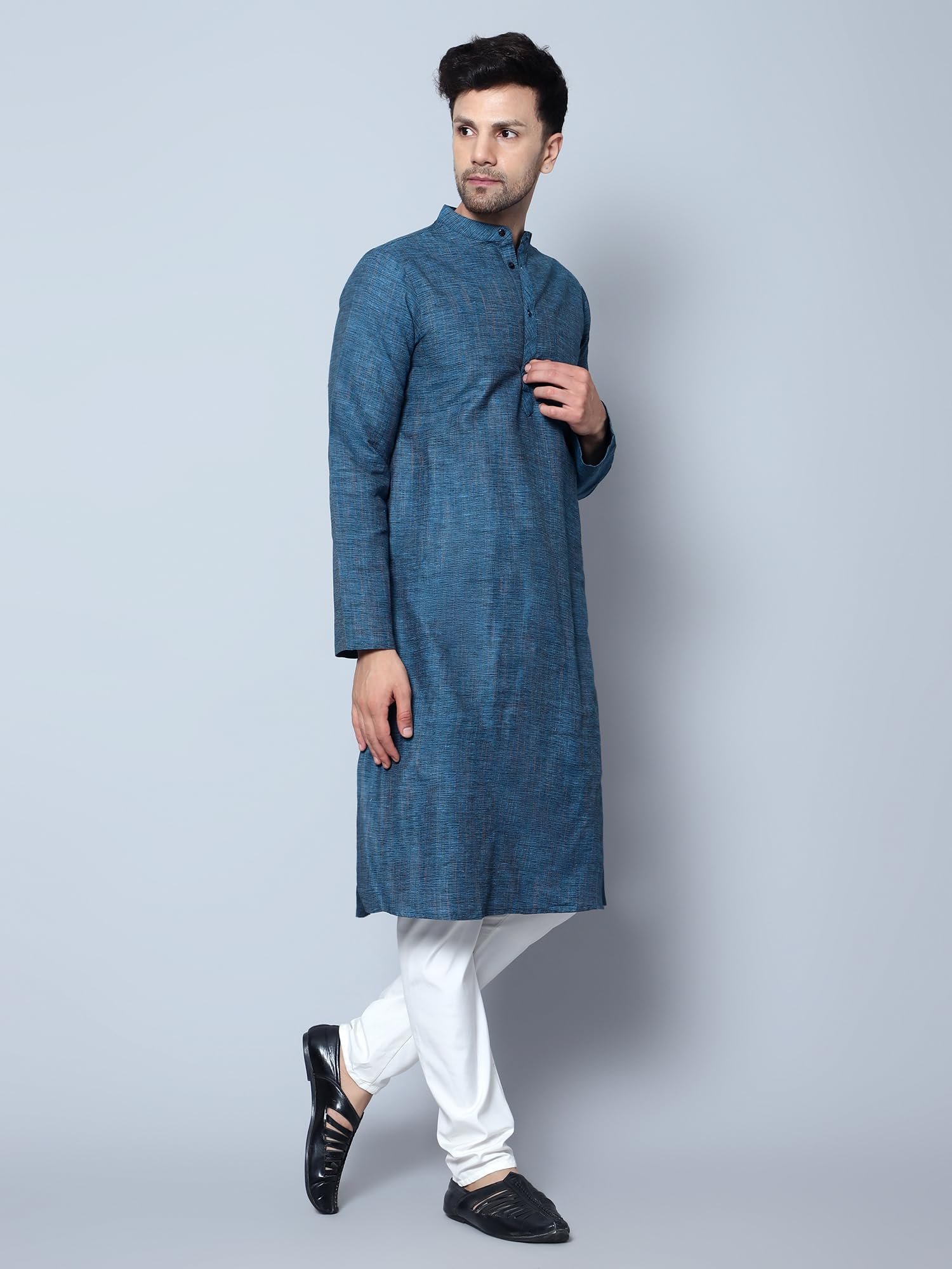 LATEST CHIKAN Men's Cotton Regular Fit Textured Long Kurta Full Sleeves - Casual Ethnic Wear -LK-DBL-F-42 Firozi