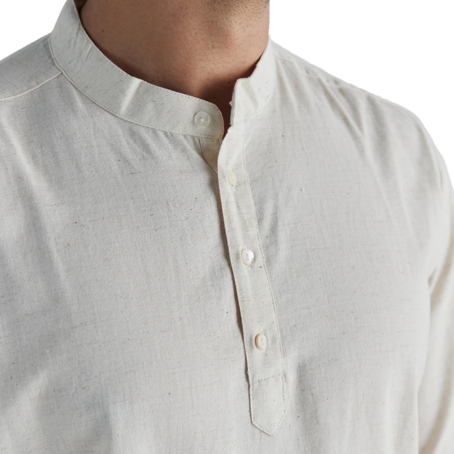 SAADAA Men Linen Cotton Blend Regular Fit Kurta, Mandarin Collar Solid Color for Casual Festive & Ethnic Wear (Ecru XS)