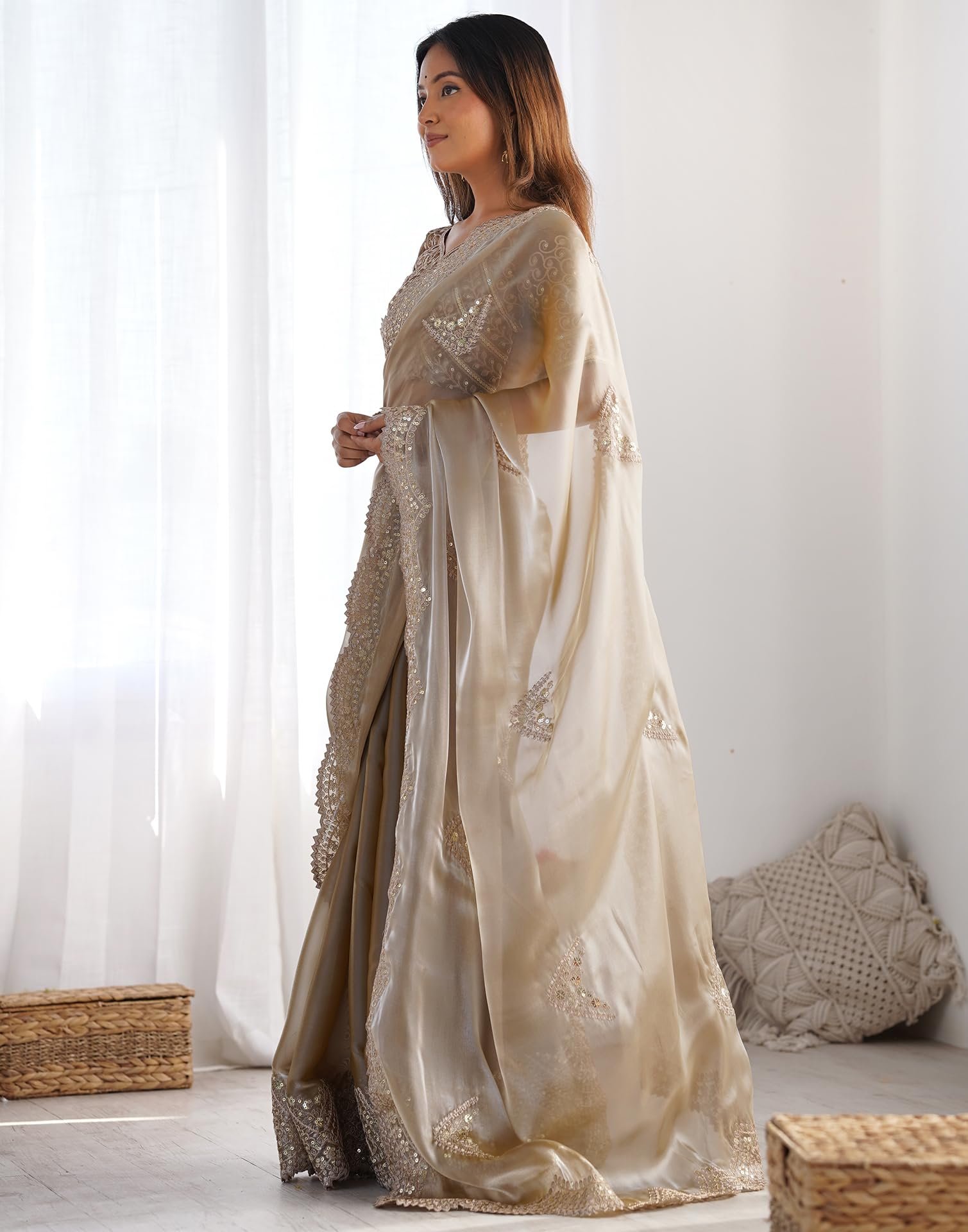 SIRIL Women's Organza Sequence Embroidery Scollped Border Saree With Unstitched Blouse Piece (4218S6634_Beige)