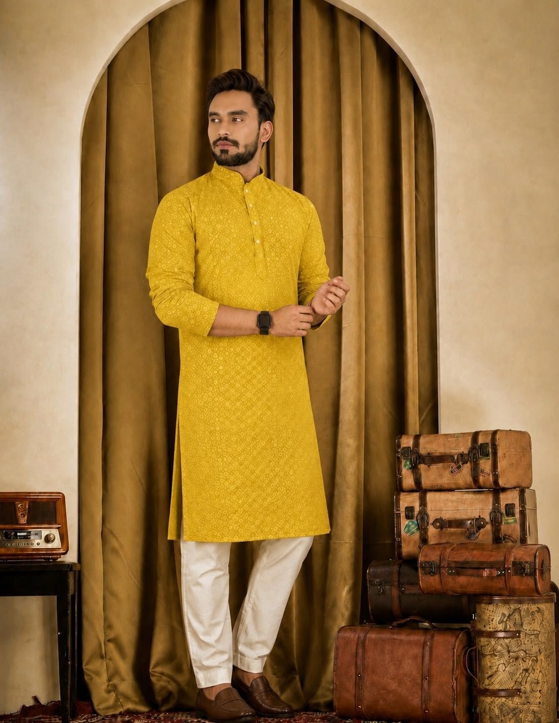 ORIFAB Men’s Yellow Lakhnawi Chikankari Kurta Cotton Blend Embroidered Ethnic Wear for Men Mandarin Collar Full Sleeve Knee Length Straight Fit Festive Wedding Party Traditional Kurta (Size - XL)