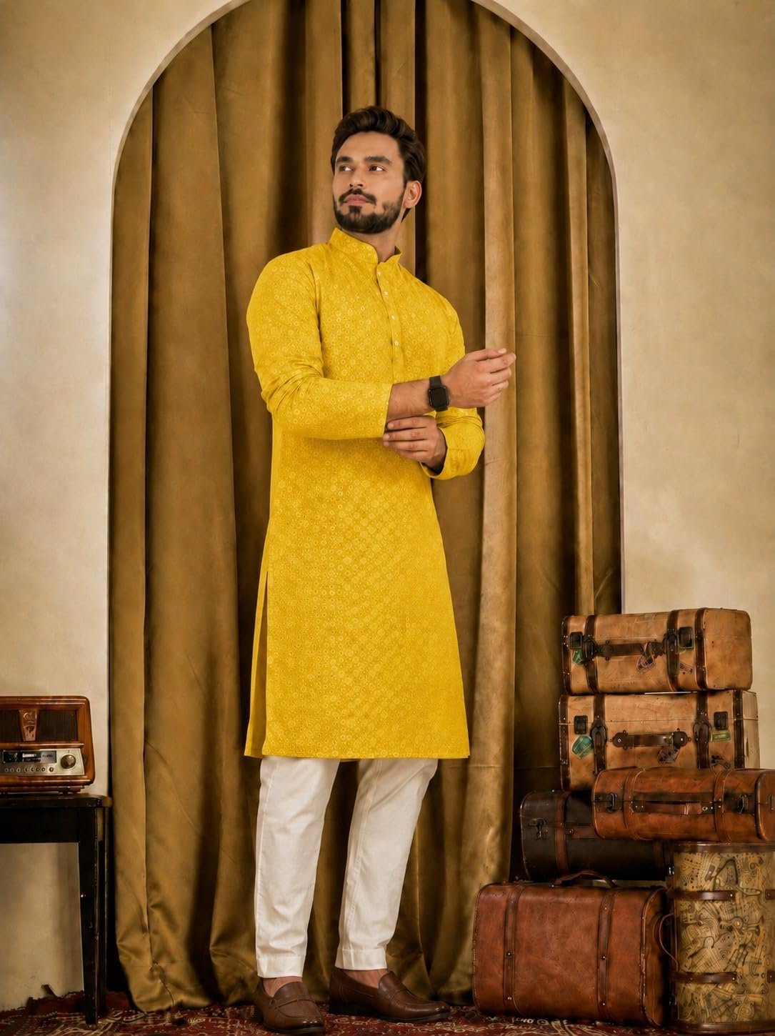 ORIFAB Men’s Yellow Lakhnawi Chikankari Kurta Cotton Blend Embroidered Ethnic Wear for Men Mandarin Collar Full Sleeve Knee Length Straight Fit Festive Wedding Party Traditional Kurta (Size - XL)