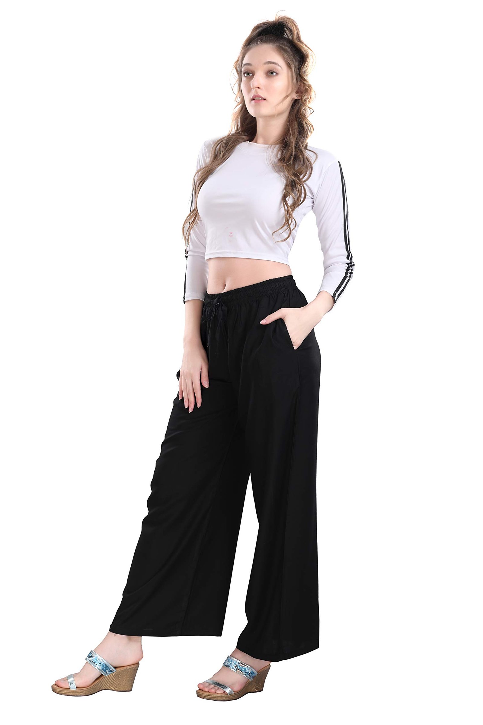 TRASA Ultra Soft Reyon Cotton Regular and Plus 7 Colour High Rise Palazzo for Womens and Girls - Black - 3XL