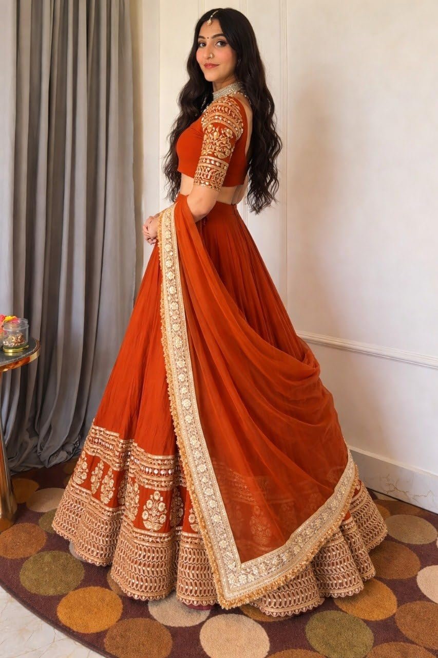 Women's Rust Orange Designer Lehenga Choli with Dupatta | Georgette Embroidered Sequence Work Semi Stitched Wedding Lehenga for Women | Party Wear Festive Ethnic Outfit