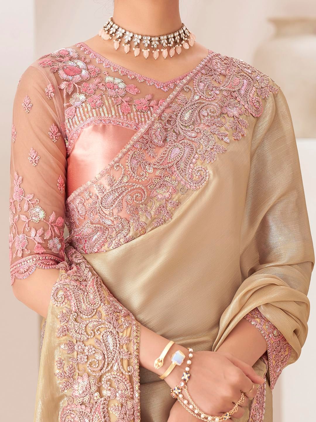 AKHILAM Women's Cream Pure Chiffon Embellished Saree With Unstitched Blouse (SNDLWOD1303_TFH)