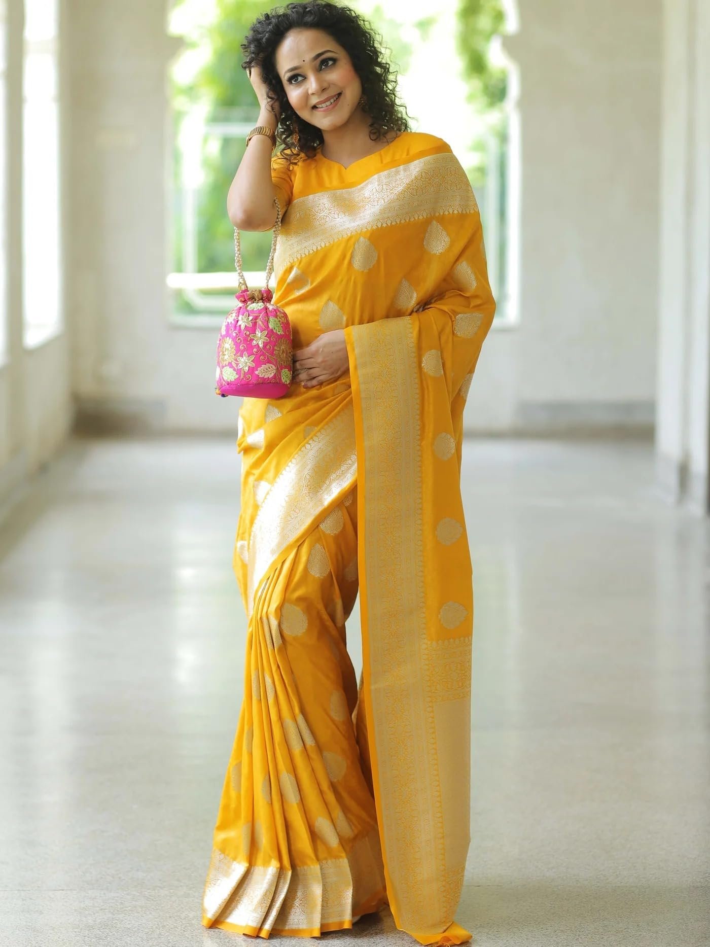 Yashika Women’s Fancy Banarasi Kanjivaram Art Silk Yellow Saree with Unstitched Blouse Piece |Wedding Saree for Women