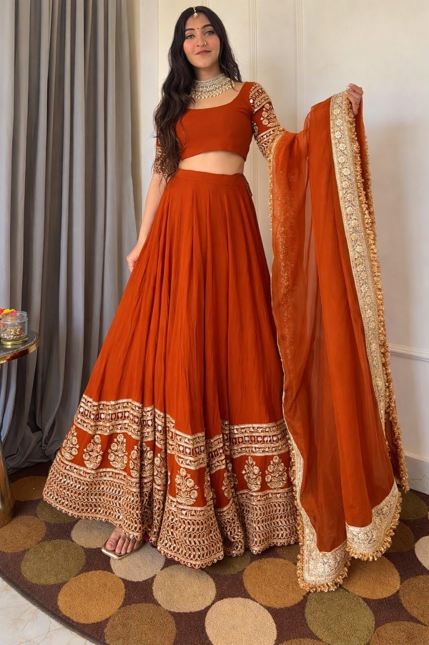 Women's Rust Orange Designer Lehenga Choli with Dupatta | Georgette Embroidered Sequence Work Semi Stitched Wedding Lehenga for Women | Party Wear Festive Ethnic Outfit