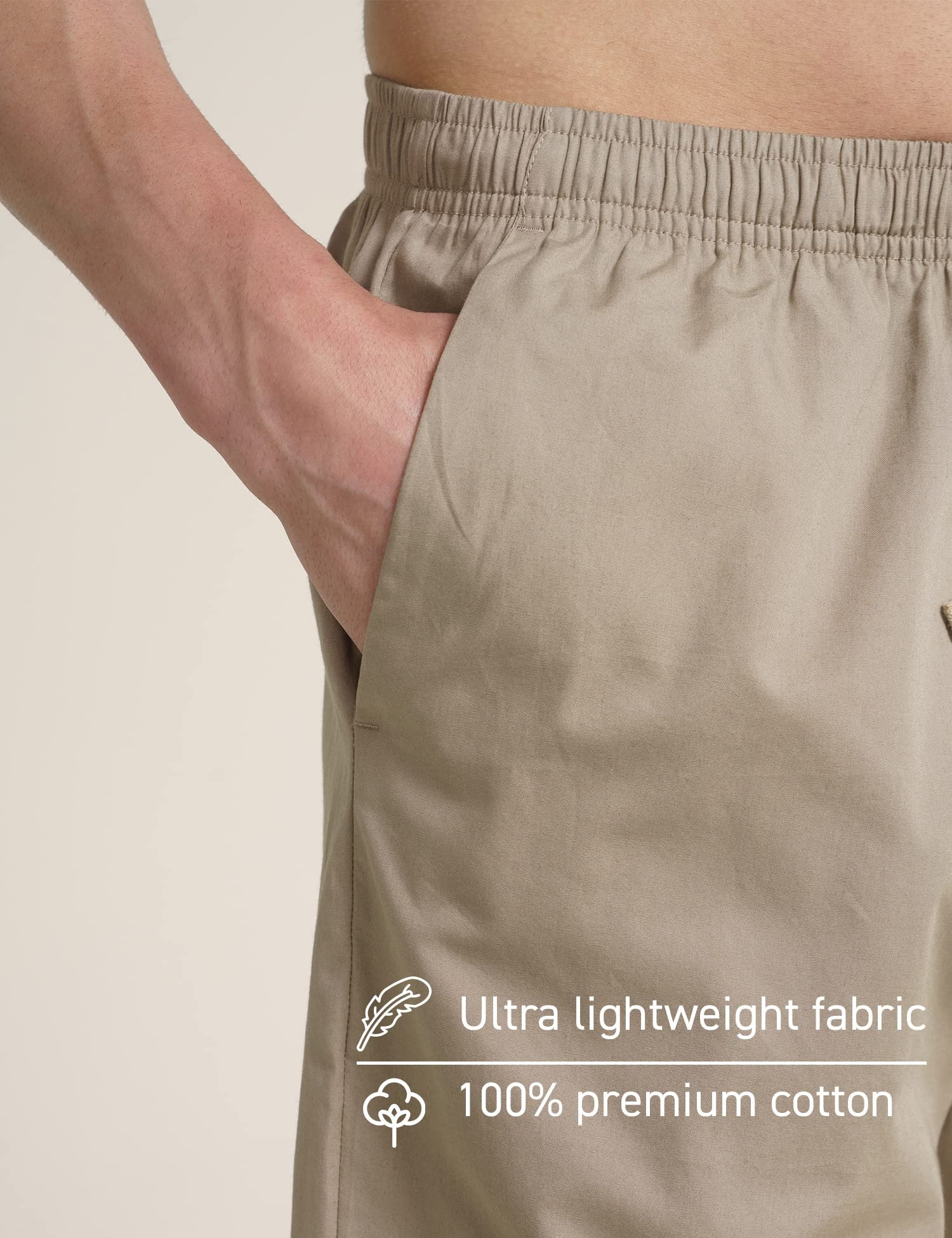 DAMENSCH Cotton Lounge Shorts for Men, Elasticated Waistband, Bermuda, Relaxed Fit Half Pant, Home Shorts for Man-Hommie Beige-2XL