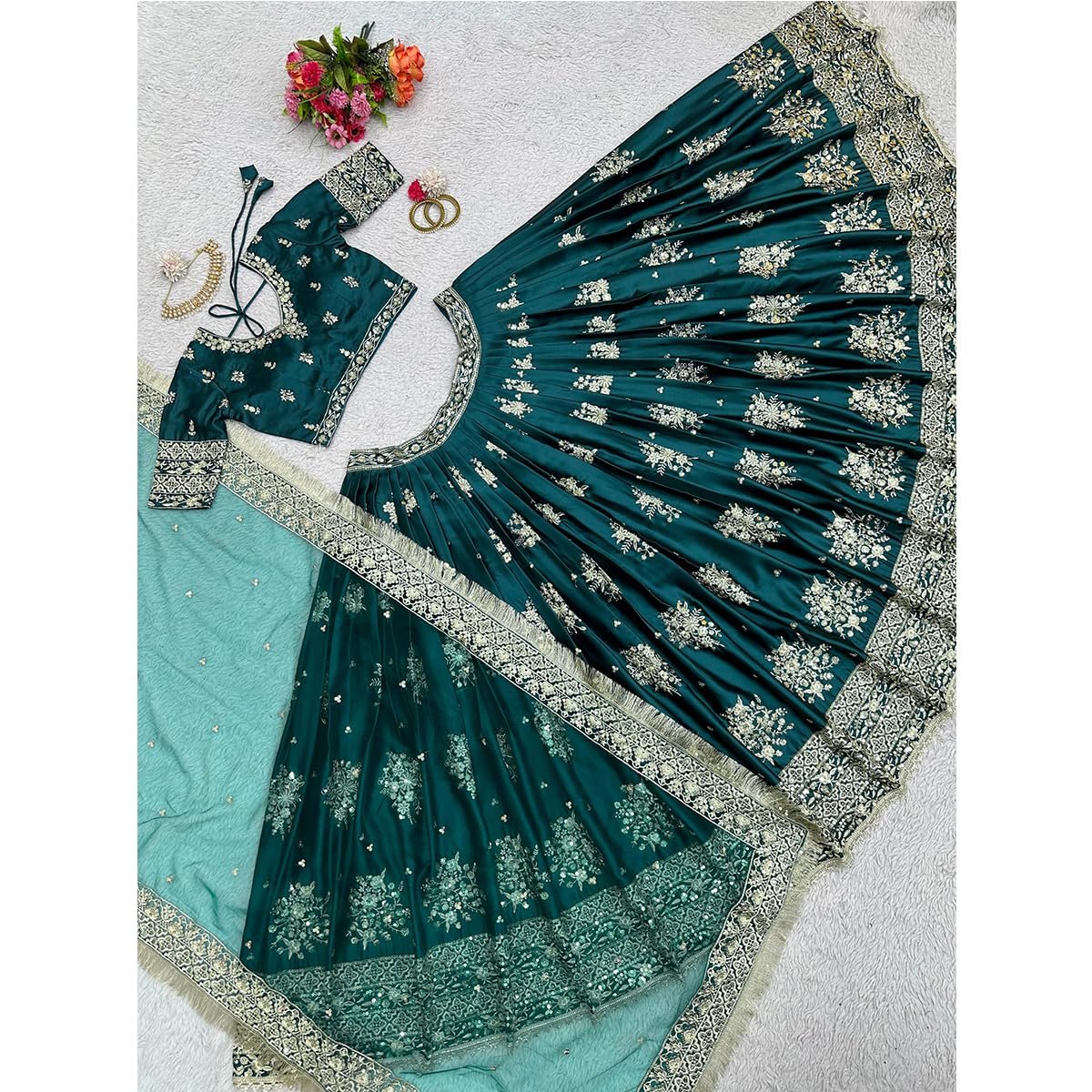 IYALAFAB WOMEN'S Crepe Trending Designer Semi-Stitched Lehenga Choli Set for Women | Dupatta & Unstitched Blouse | Wedding Outfit (SF201535 Dark Green free-size)