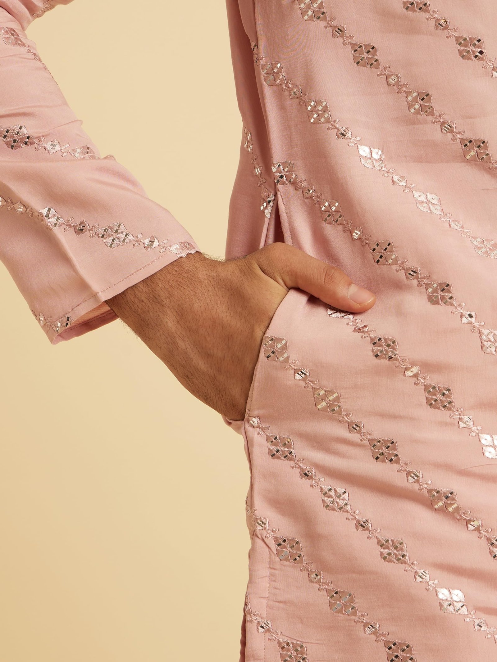 Manyavar Men's Art Silk Mirror Work Embroidered Kurta Pajama Set (Dusty Pink,XXL)