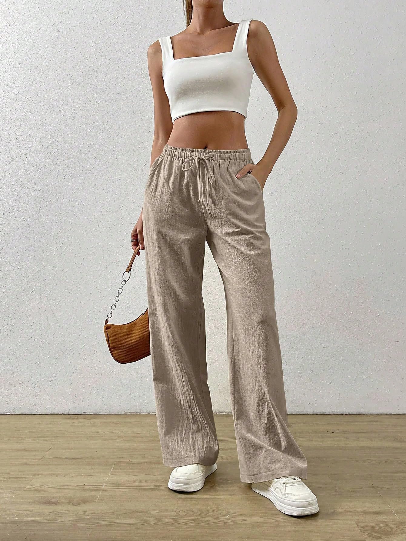 TOPLOT Women's Linen Blend Wide Leg Palazzo Pants | Elastic Drawstring Waist Trousers for Woman | Relaxed Fit Casual Lounge Trousers | Breathable Straight Leg Everyday Bottom Wear (5268-Cream-30)