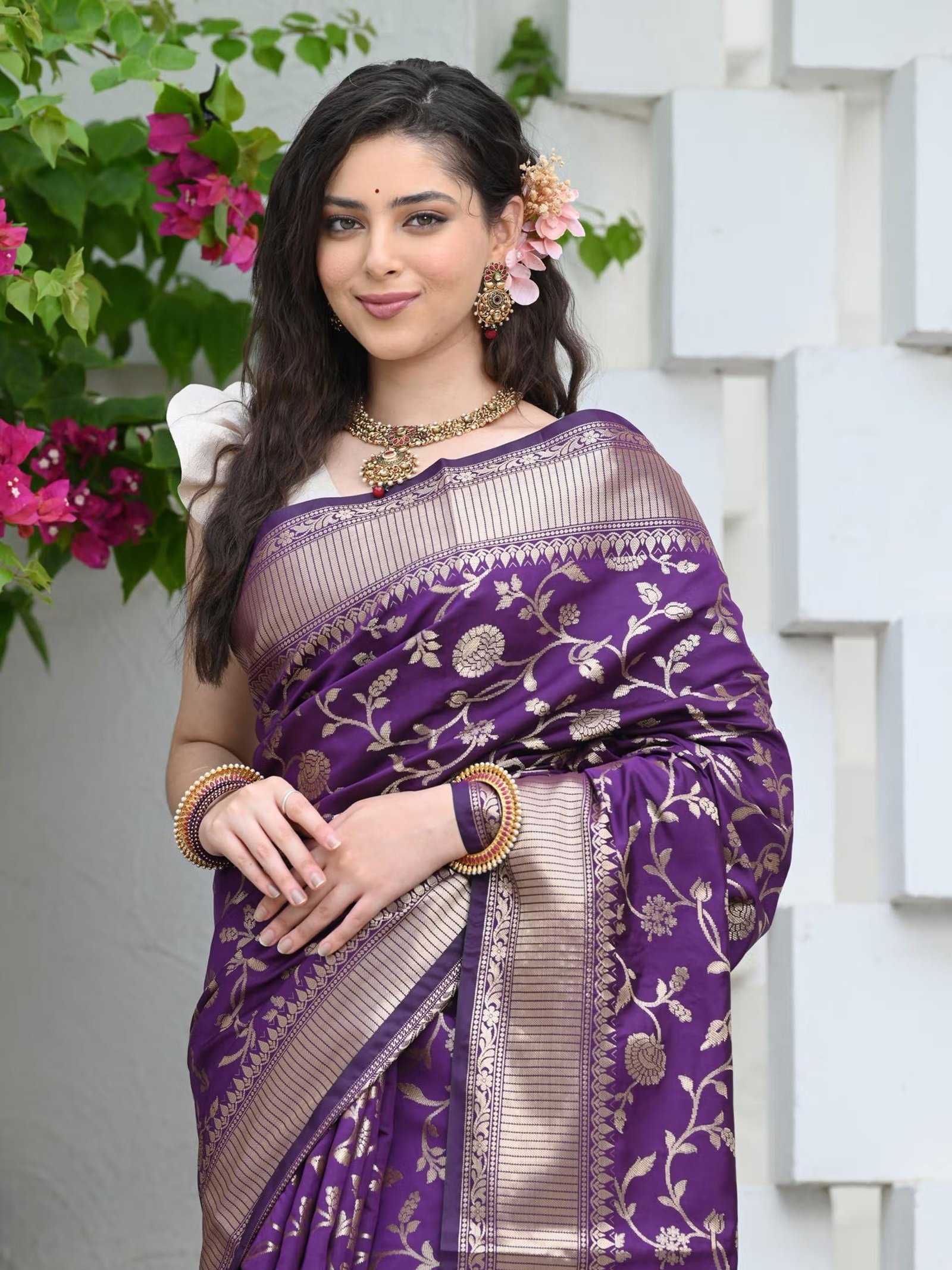 Sugathari Women's Banarasi Saree Pure Kanjivaram Silk Saree Soft new ladies 2023 Design Wear Pattu Sarees Latest Party Sari collections With Blouse Piece for Wedding sadi (SAN PARI-182 PURPLE)