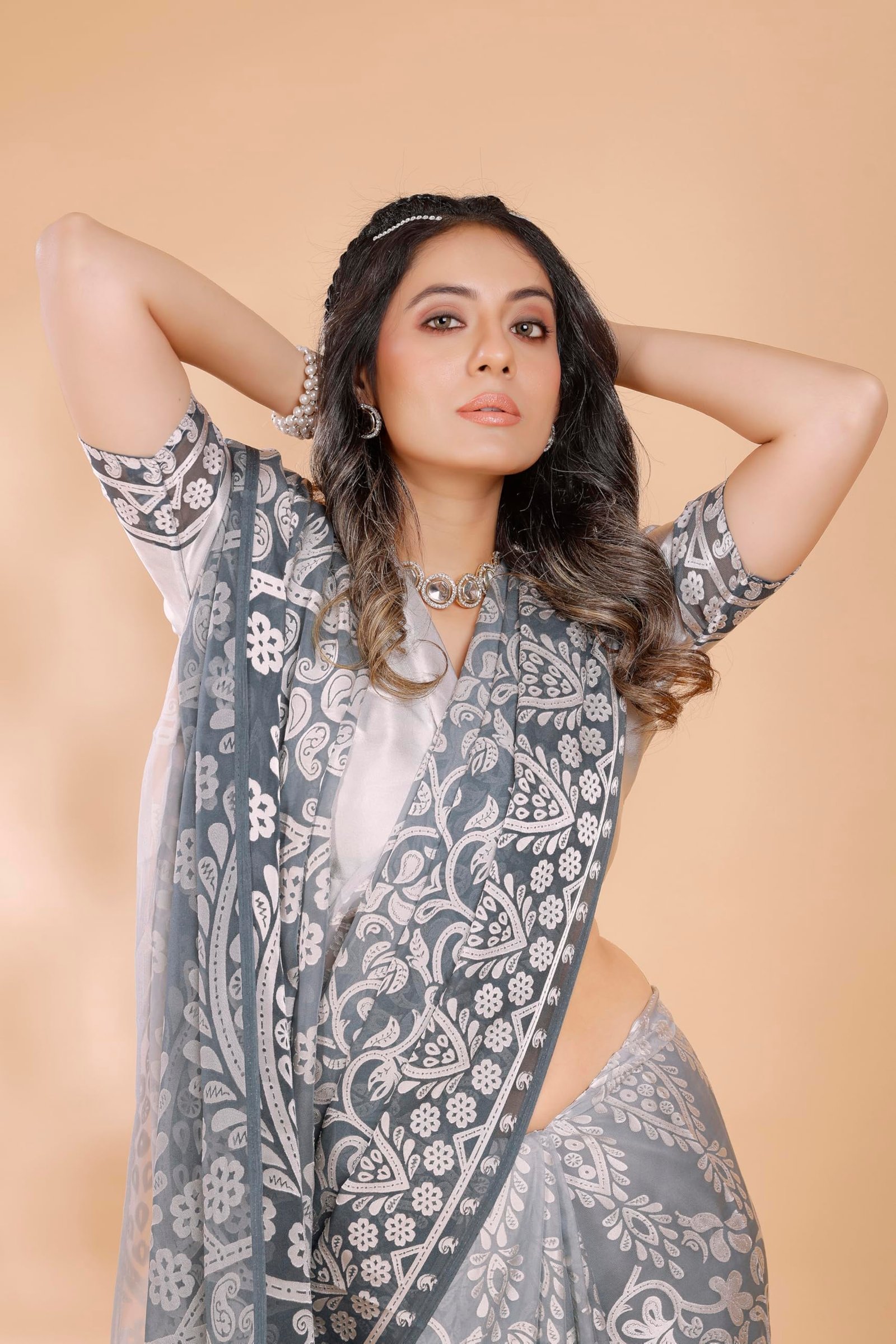 Garden Vareli Women Viscose Brasso Floral Print Saree With Unstitched Blouse Piece 73440 - Grey