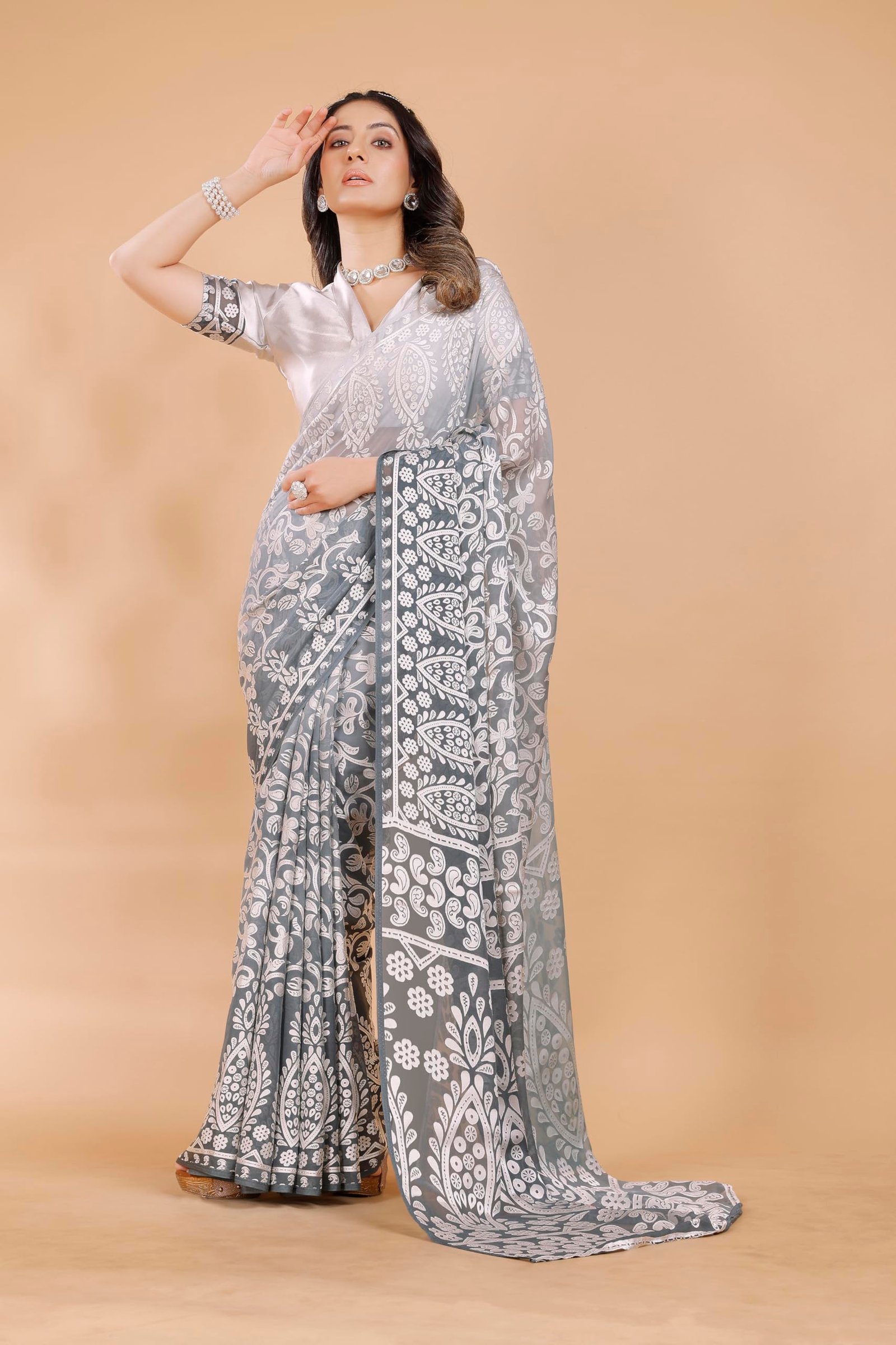 Garden Vareli Women Viscose Brasso Floral Print Saree With Unstitched Blouse Piece 73440 - Grey