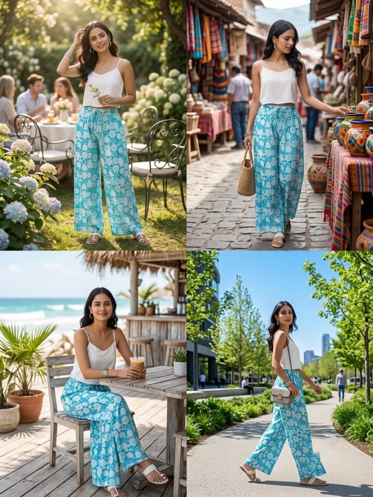 GRECIILOOKS Boho Printed Wide Leg Palazzo Pants for Women, Flowing High Waist Rayon Trousers for Beach, Vacation, Lounge, and Summer Style Turquoise