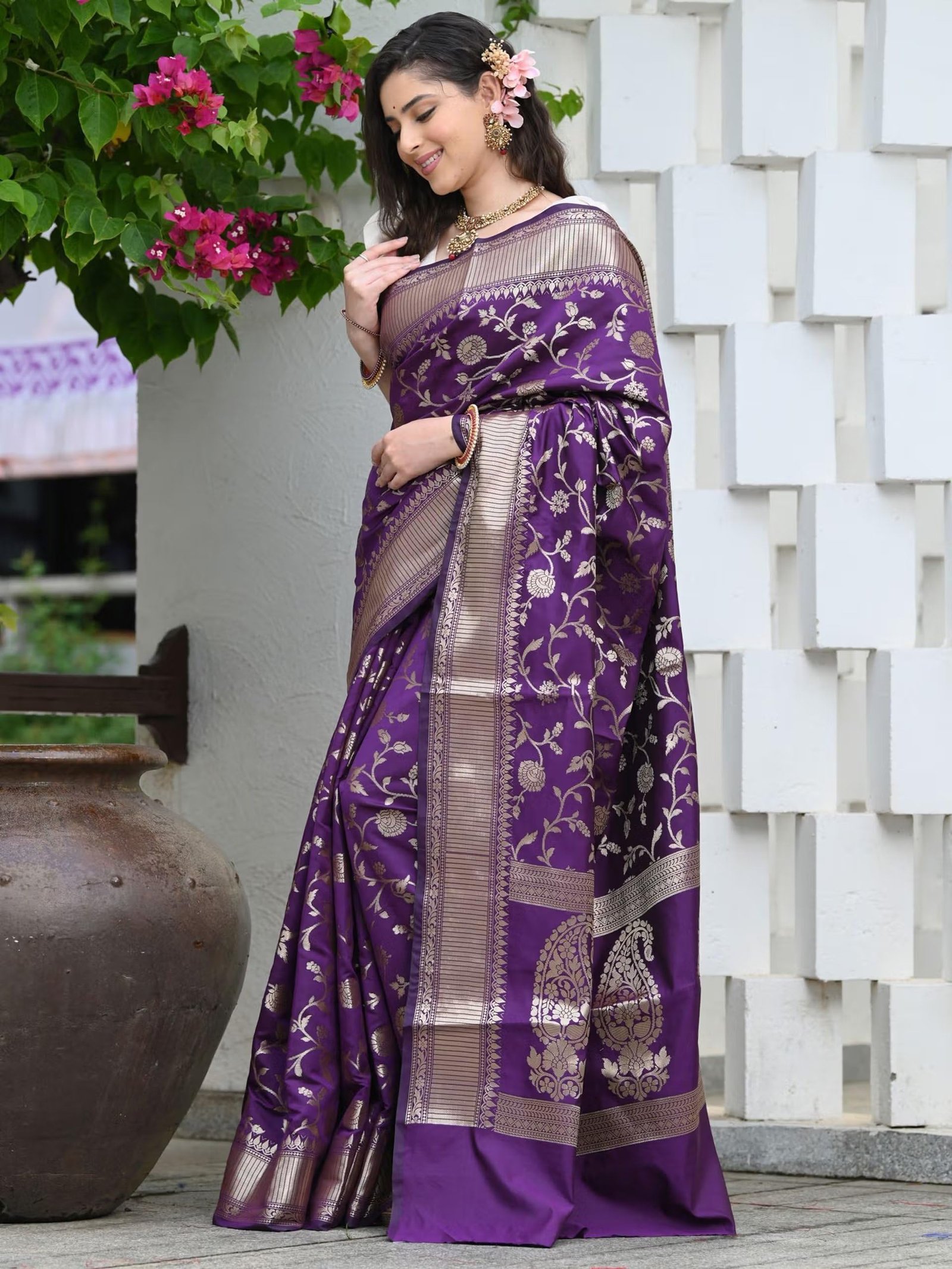 Sugathari Women's Banarasi Saree Pure Kanjivaram Silk Saree Soft new ladies 2023 Design Wear Pattu Sarees Latest Party Sari collections With Blouse Piece for Wedding sadi (SAN PARI-182 PURPLE)