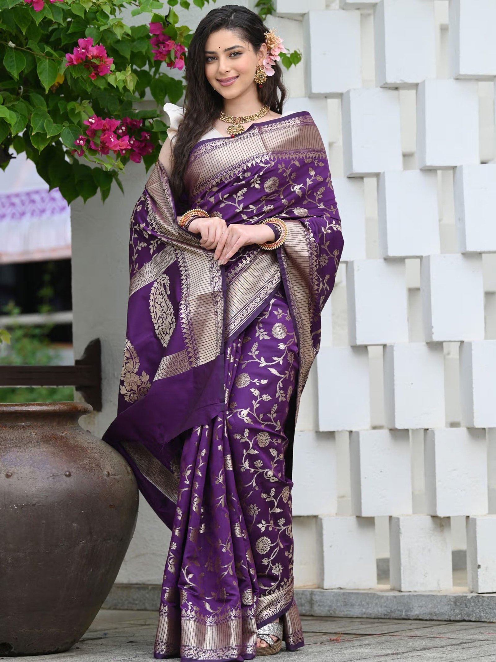 Sugathari Women's Banarasi Saree Pure Kanjivaram Silk Saree Soft new ladies 2023 Design Wear Pattu Sarees Latest Party Sari collections With Blouse Piece for Wedding sadi (SAN PARI-182 PURPLE)